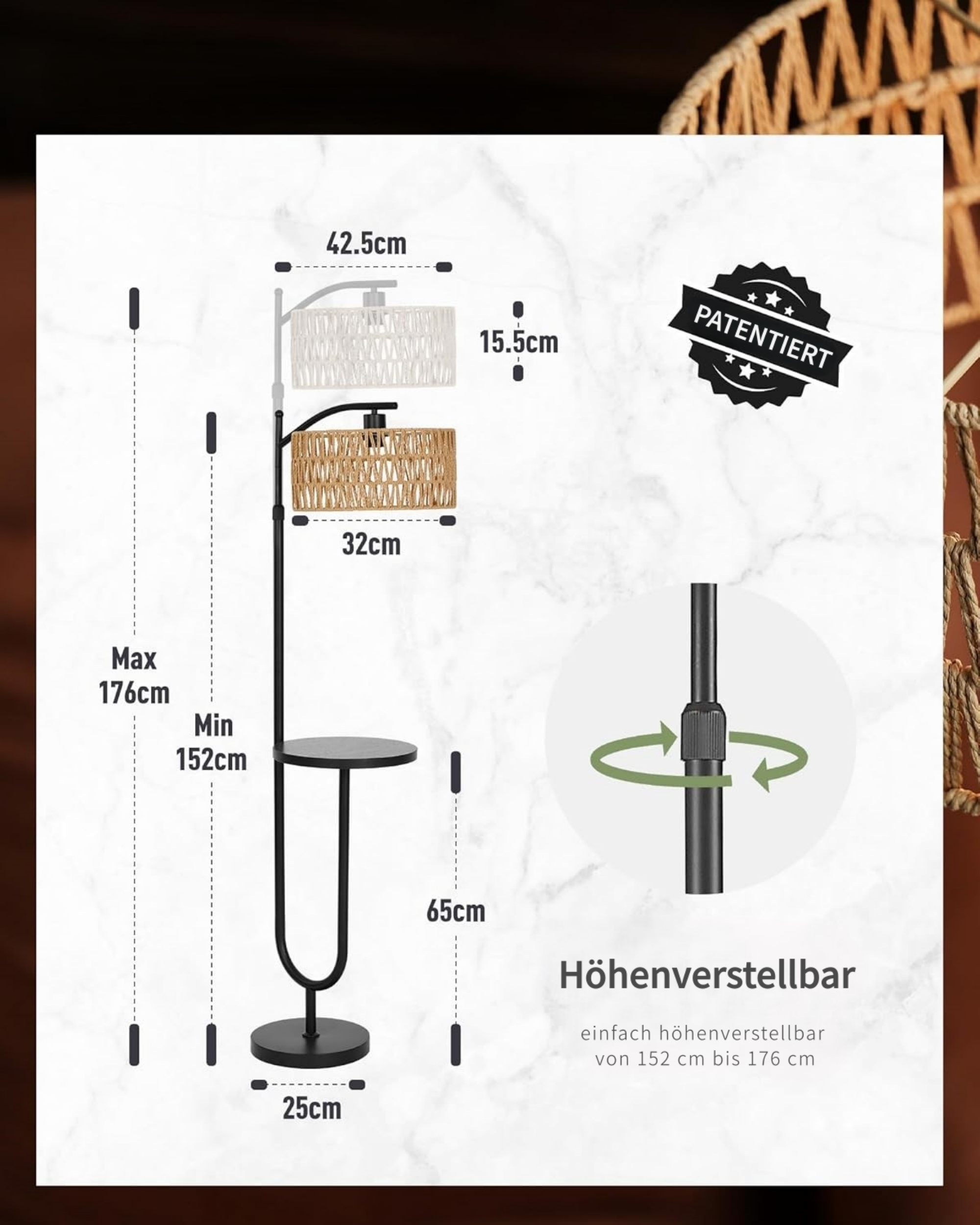 Ein Stehleuchten-Diagramm mit Maßen: 152-176cm Höhe, 42.5cm Breite.