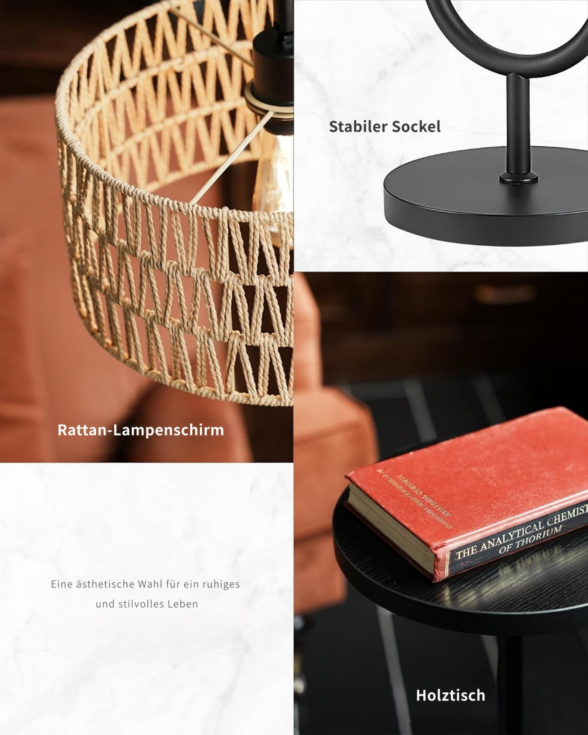 Ein Rattankörbchen, ein stabiler Sockel und ein Buch auf einem Holztisch.