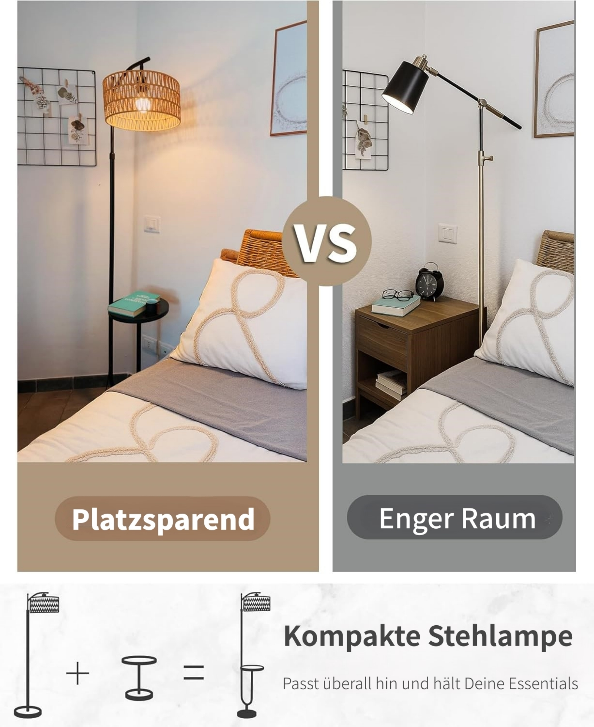 Zwei Stehlampen im Vergleich: Eine mit kleinem Tisch, eine ohne.