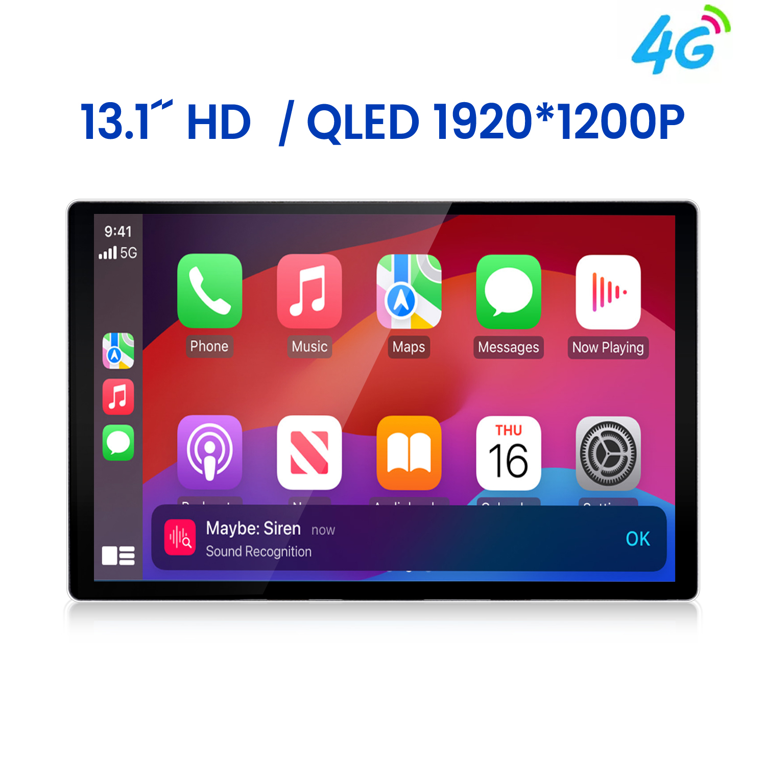 Ein 13,1-Zoll-HD/QLED-Display zeigt App-Icons wie Telefon, Musik und Karten an.