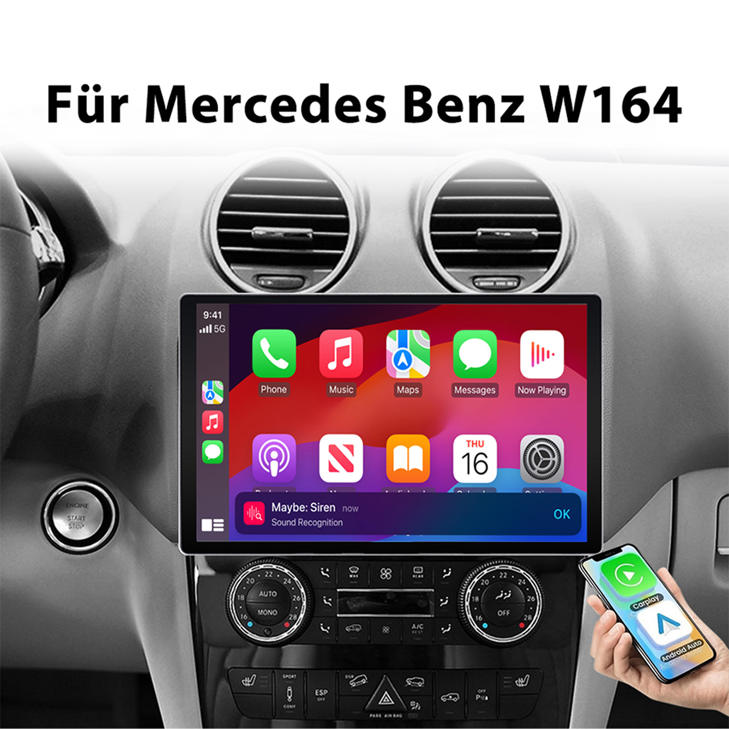 Bildschirm eines Mercedes W164 mit CarPlay/Android Auto und Bedienelementen.