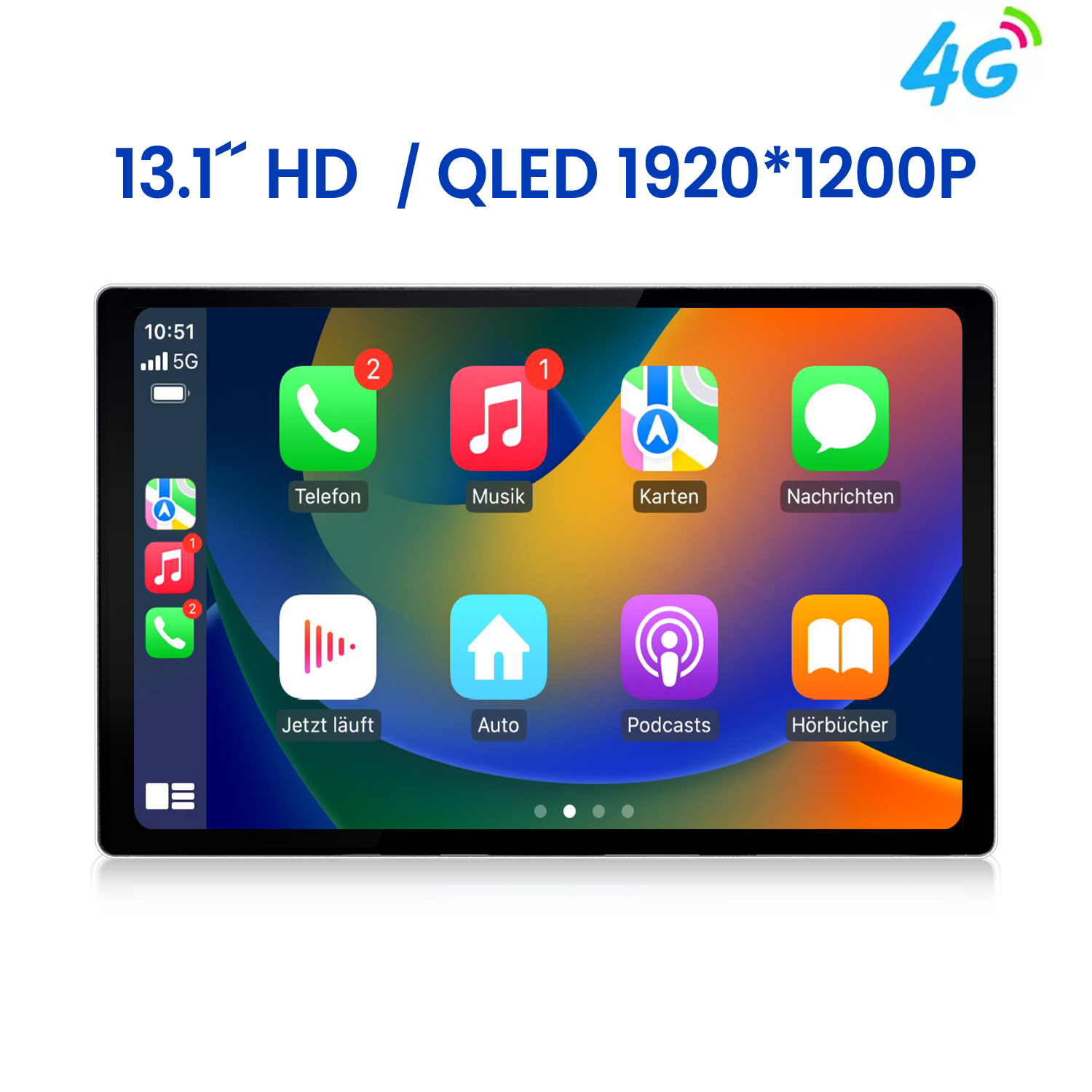 Ein 13.1 Zoll HD QLED Infotainment-System mit App-Icons und 4G-Logo.