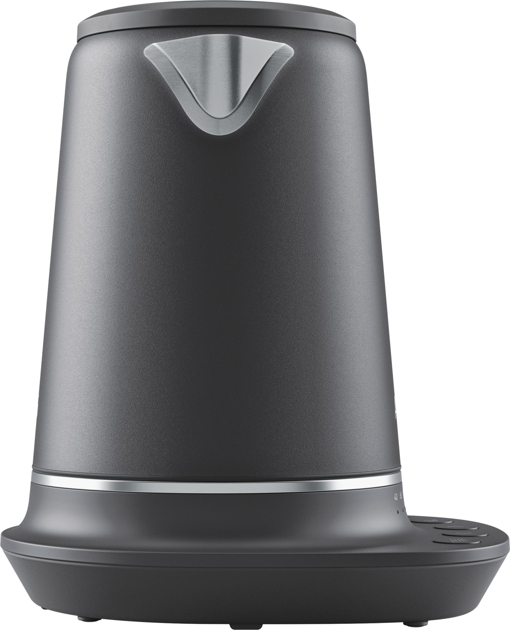 Szara czajnik z srebrną wylewką i przyciskami sterującymi u podstawy.