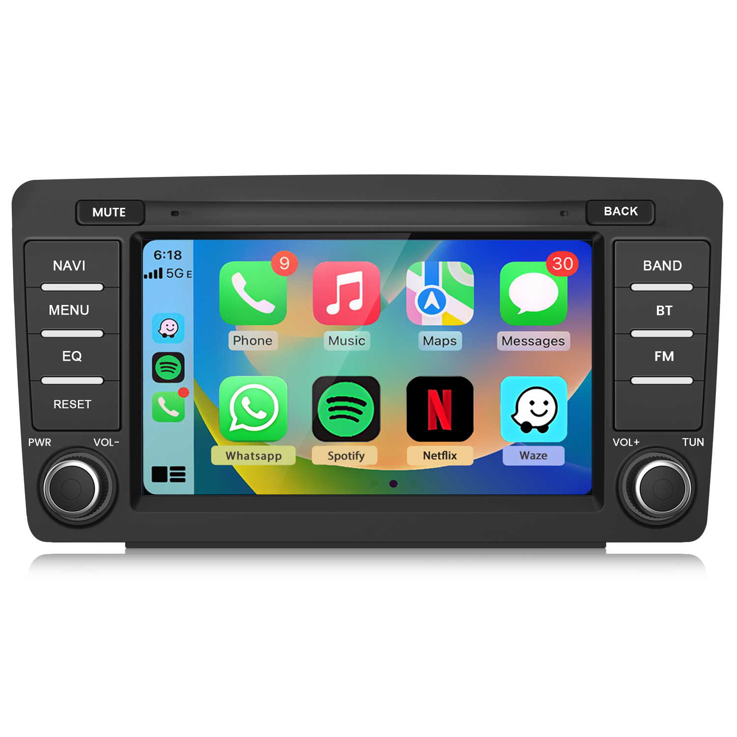 Ein Auto-Infotainment-System mit App-Symbolen wie Telefon, Musik, Karten, Nachrichten, WhatsApp, Spotify, Netflix und Waze.