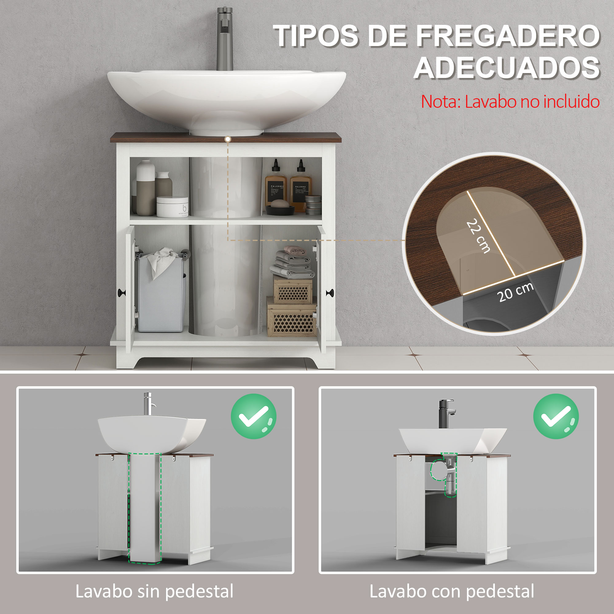 Un mueble de baño blanco con tapa de madera, lleno de artículos de tocador.