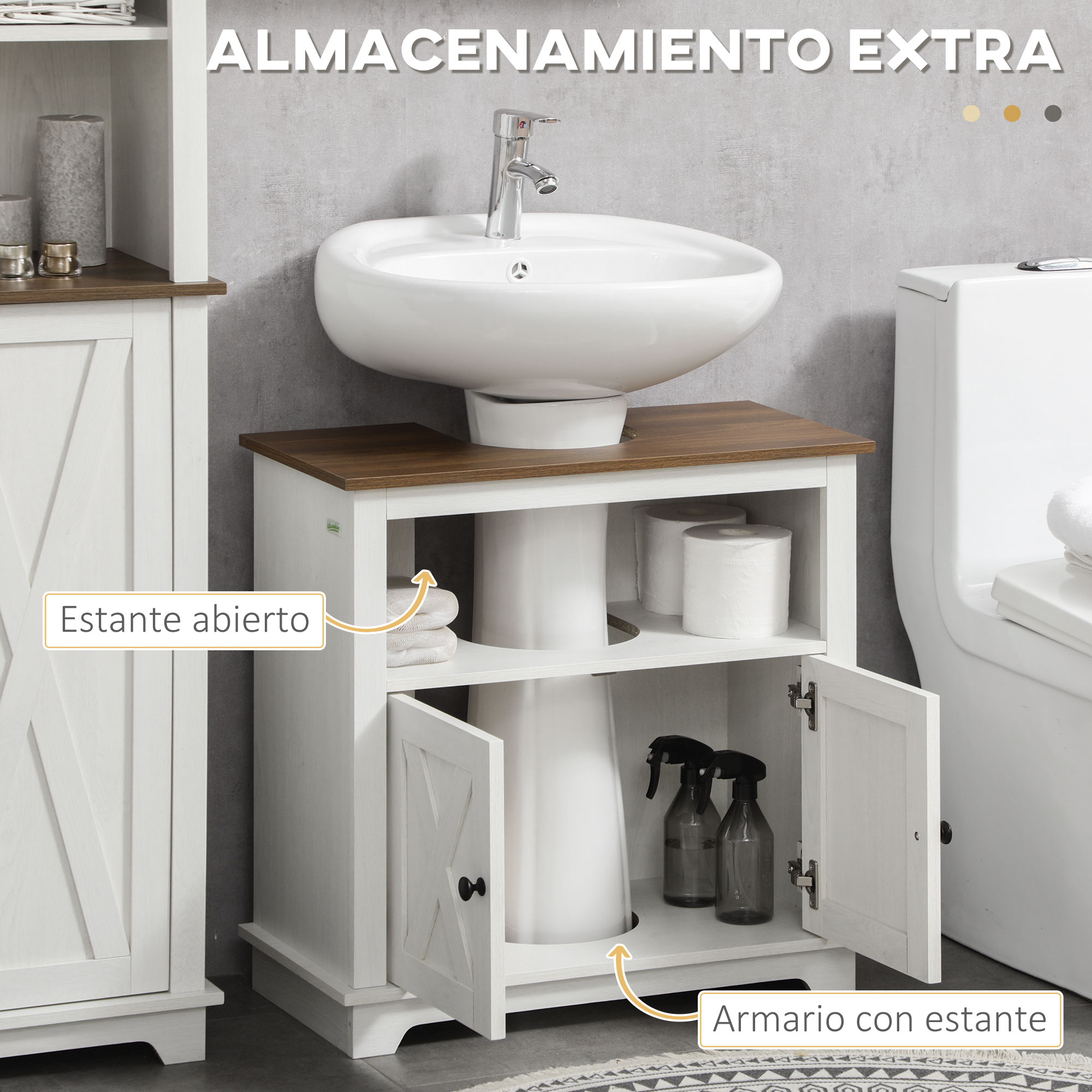 Armario de baño blanco con tapa de madera, lavabo, inodoro y almacenamiento.