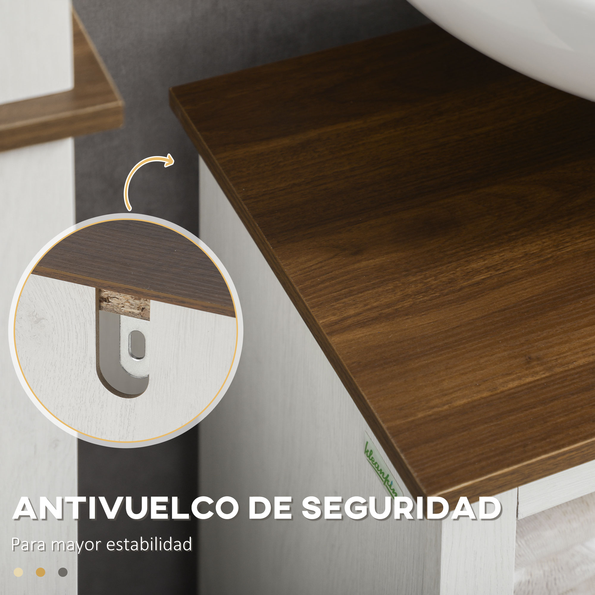 Primer plano de mueble de madera con tapa marrón y base blanca. Un círculo muestra un soporte.