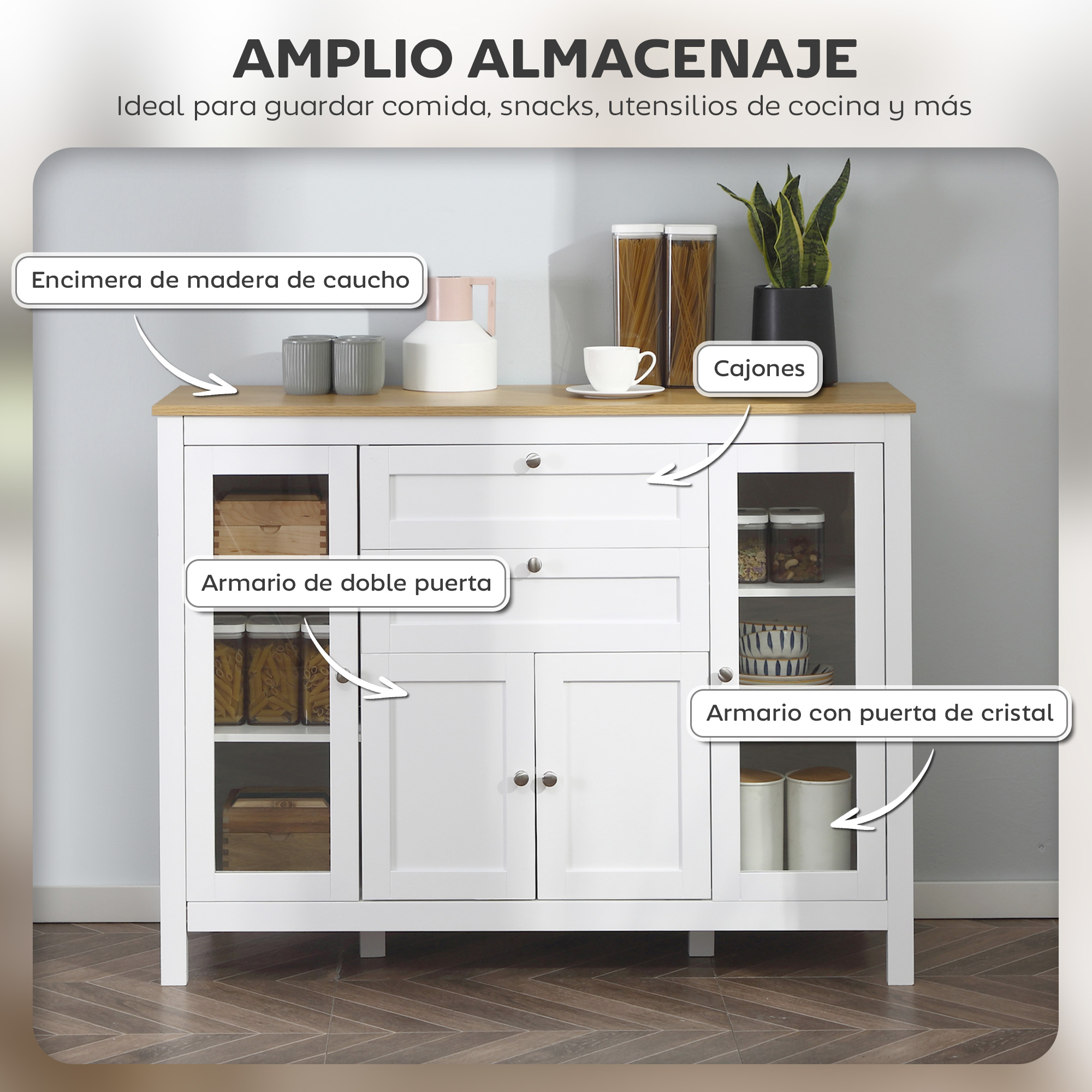 Un mueble de cocina blanco con tapa de madera, cajones y puertas de cristal.