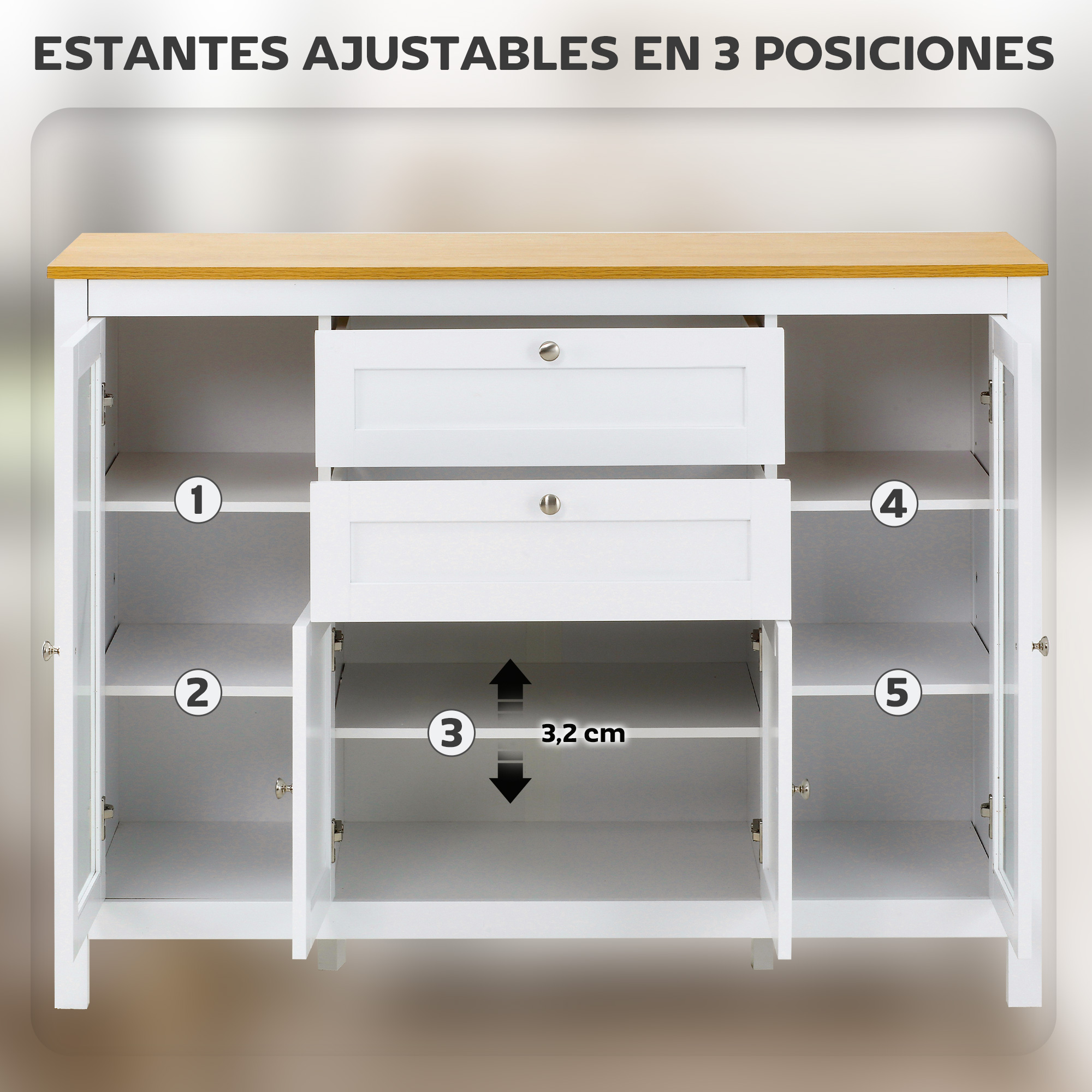 Armario blanco con tapa de madera, dos cajones y cinco estantes.
