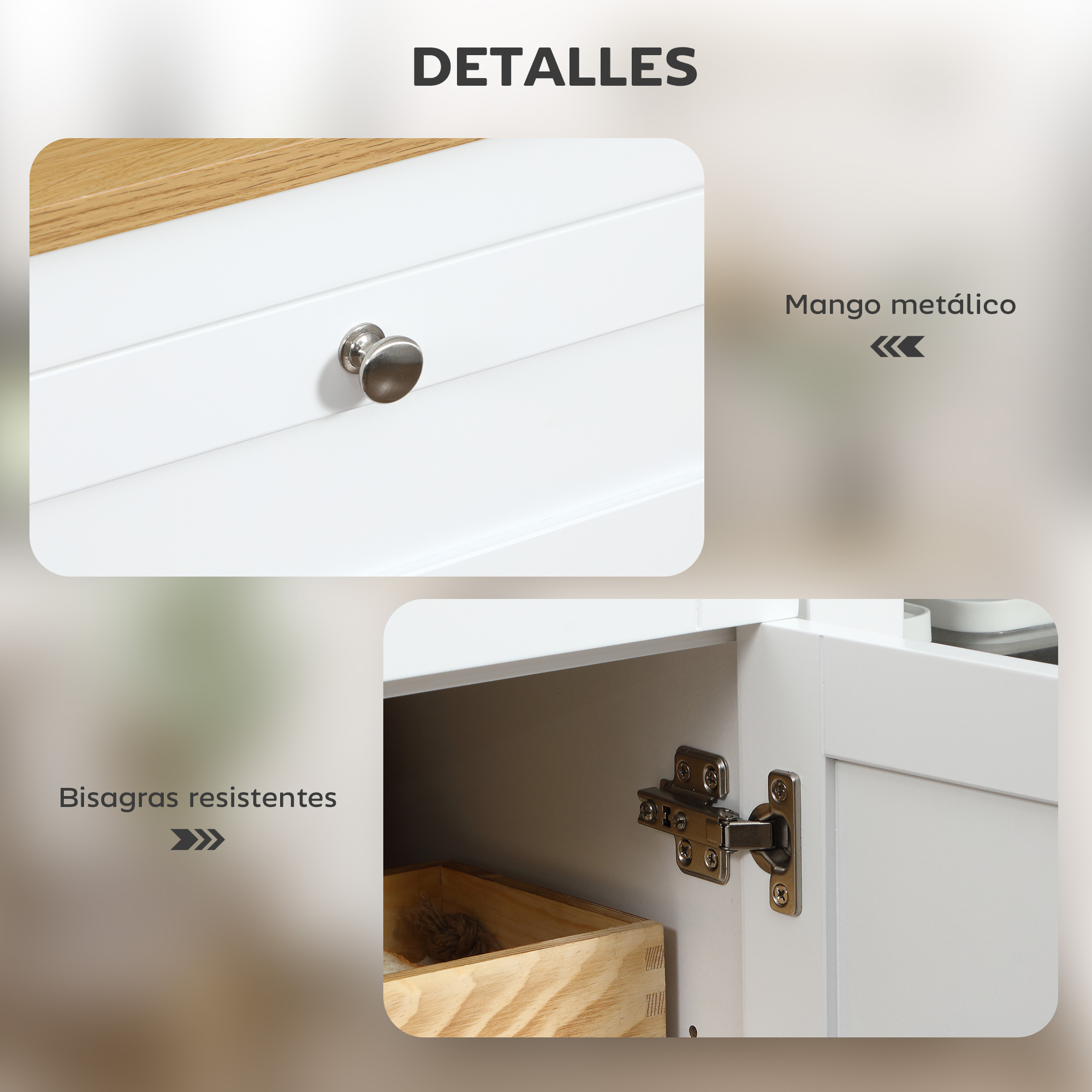 Primer plano: Cajón blanco con pomo plateado, caja de madera y bisagra.