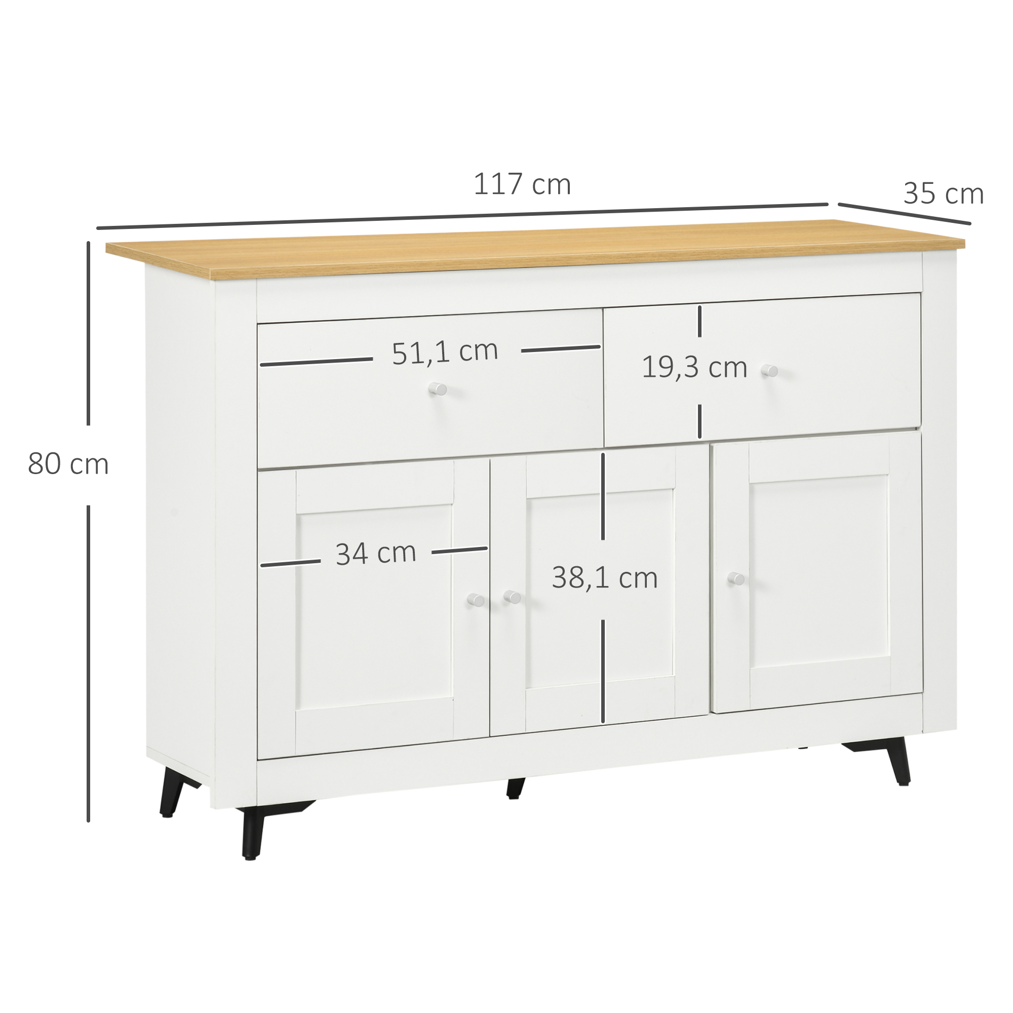 Cómoda blanca con tapa de madera, dos cajones y tres puertas. Dimensiones mostradas.
