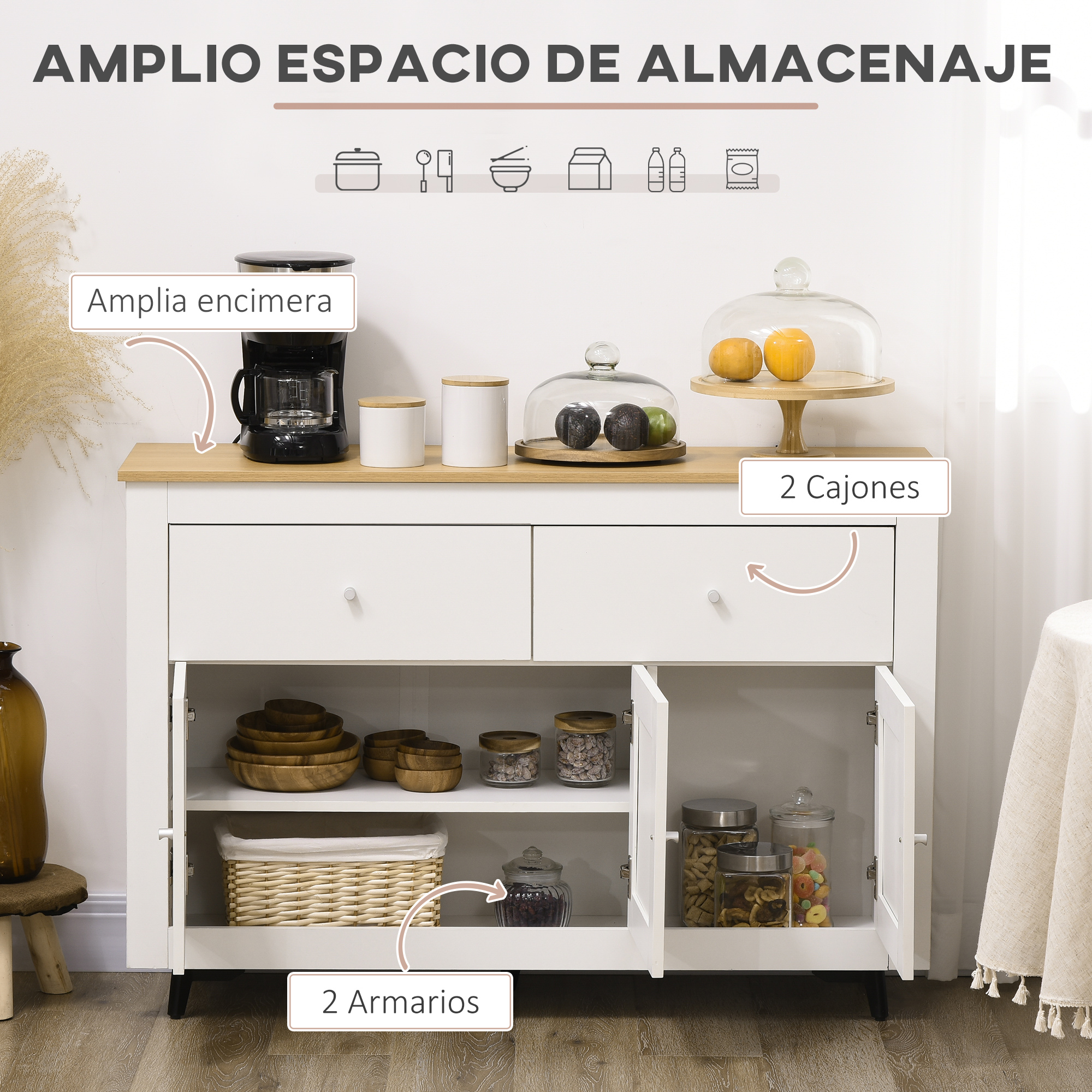 Un aparador blanco con puerta abierta, dos cajones y espacio de almacenamiento.