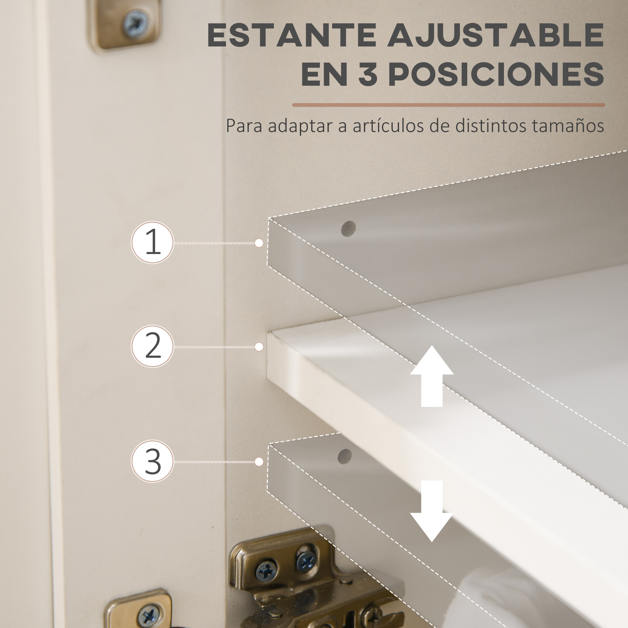 Estante ajustable en 3 posiciones, para distintos tamaños de artículos.