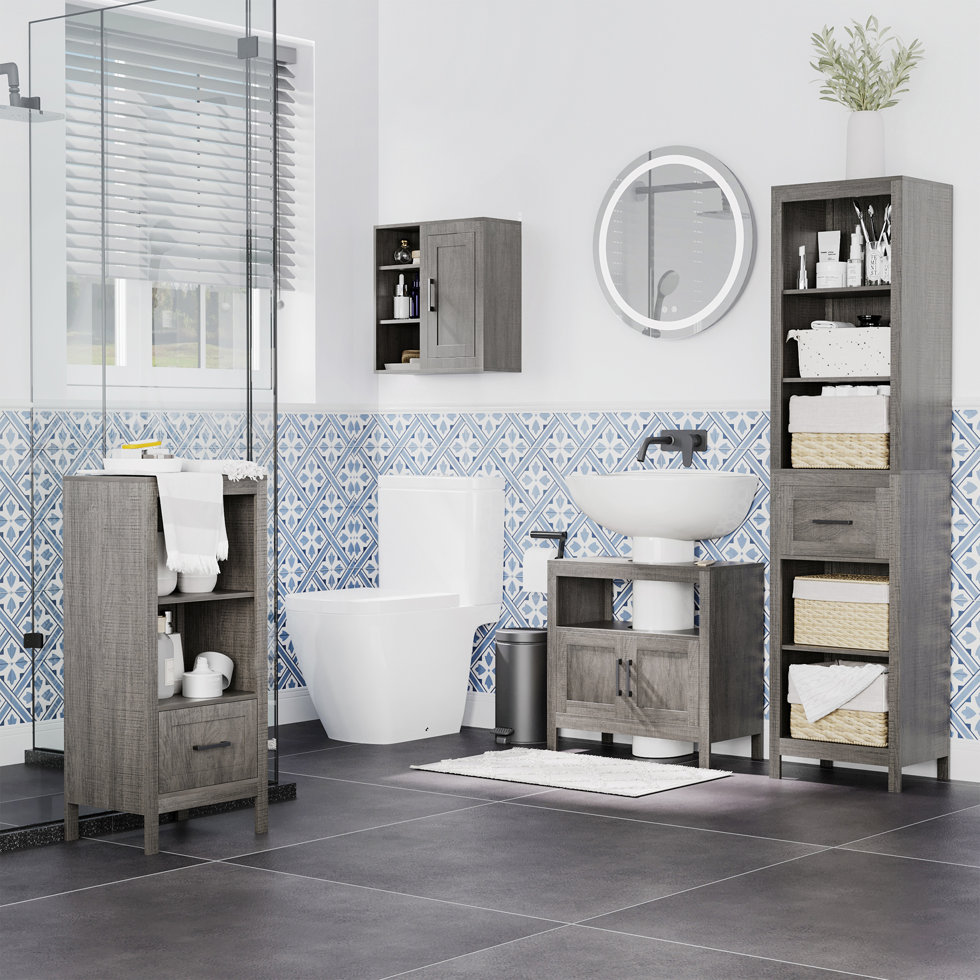 Baño moderno con muebles de madera gris, inodoro, lavabo y ducha.