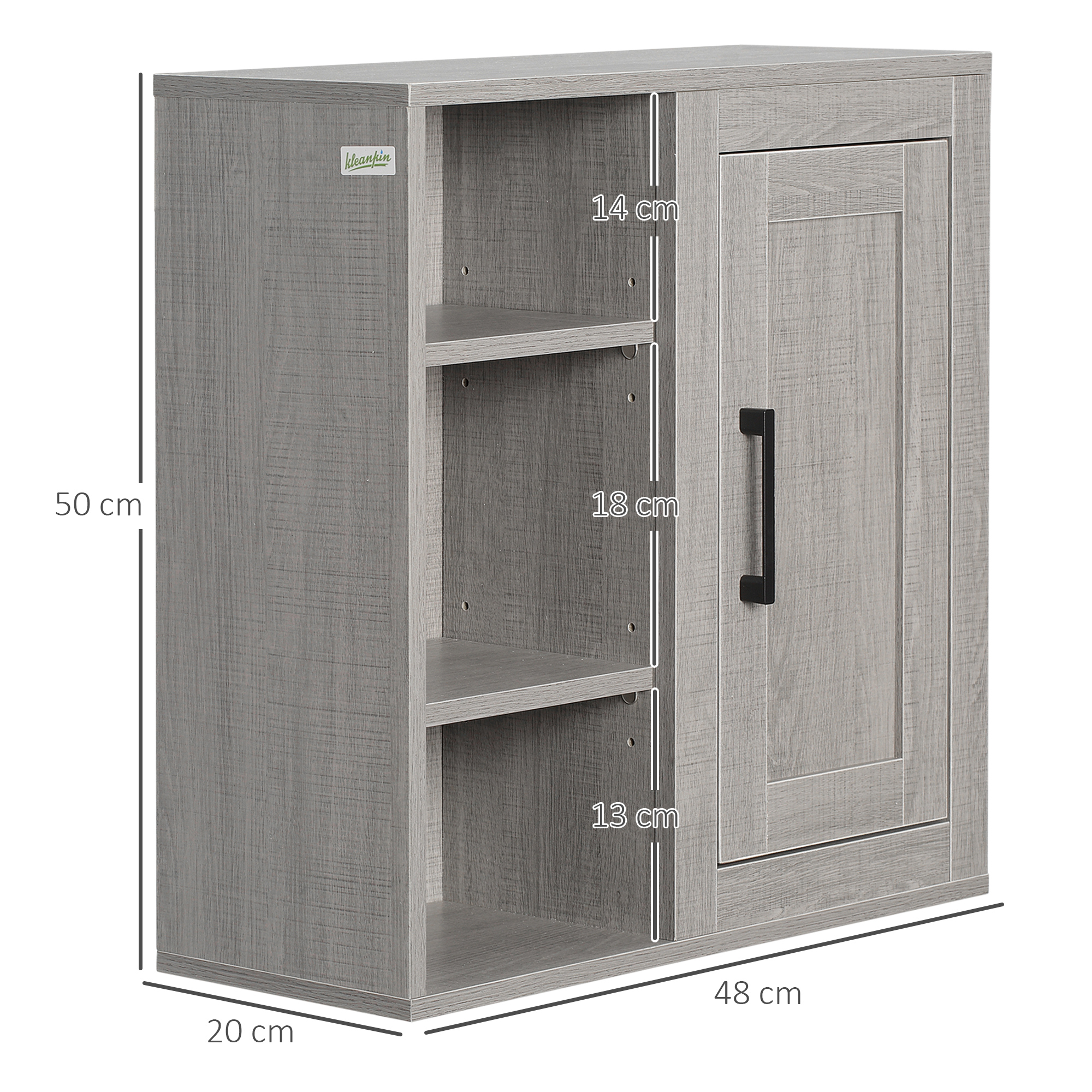 Gabinete de madera gris con estantes abiertos y puerta. Se muestran dimensiones.