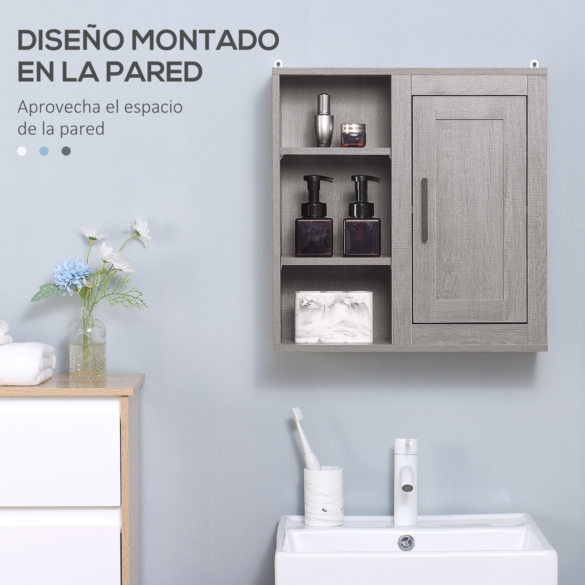 Gabinete gris de pared sobre un lavabo con grifo y portacepillos.