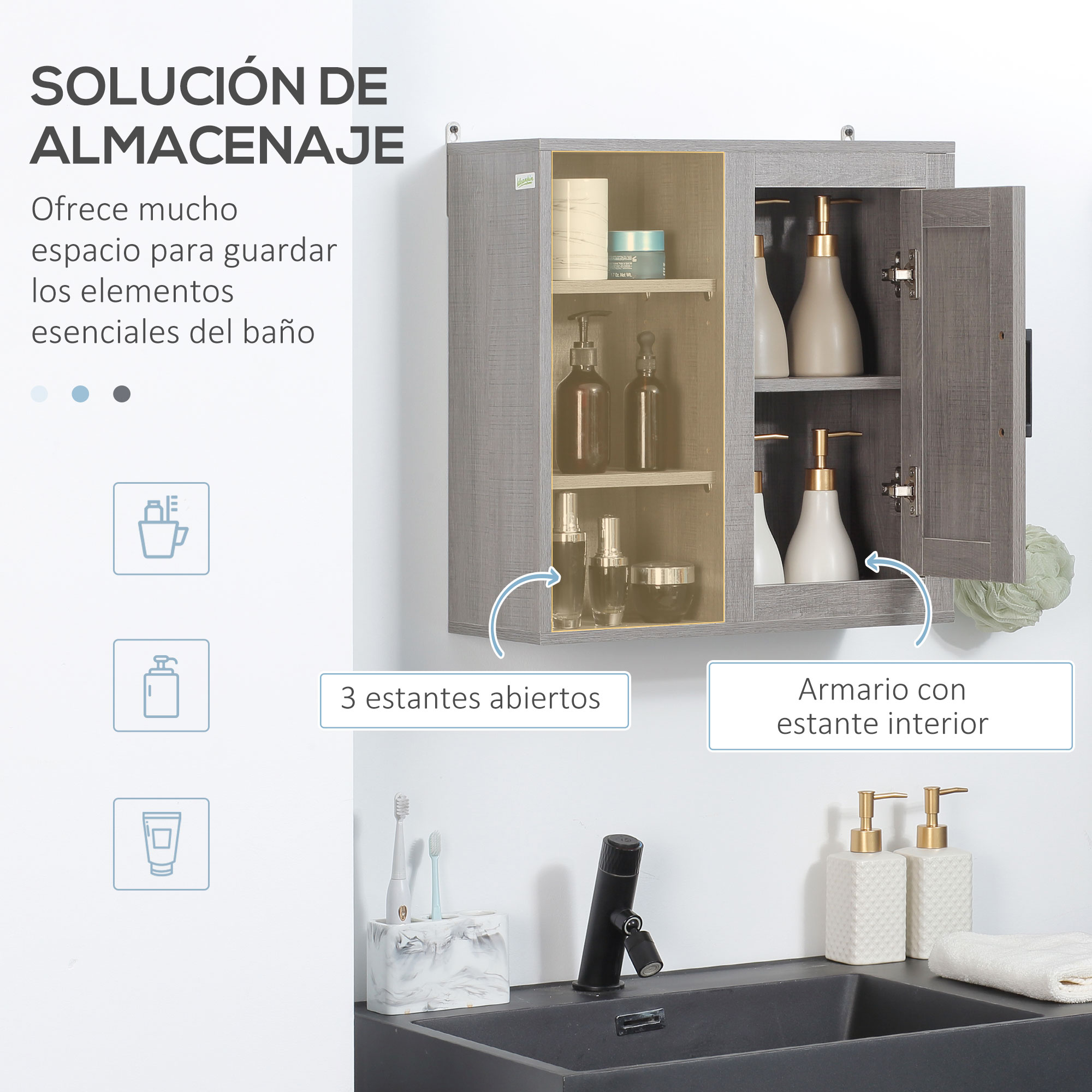 Gabinete de baño gris con estantes abiertos y botellas.