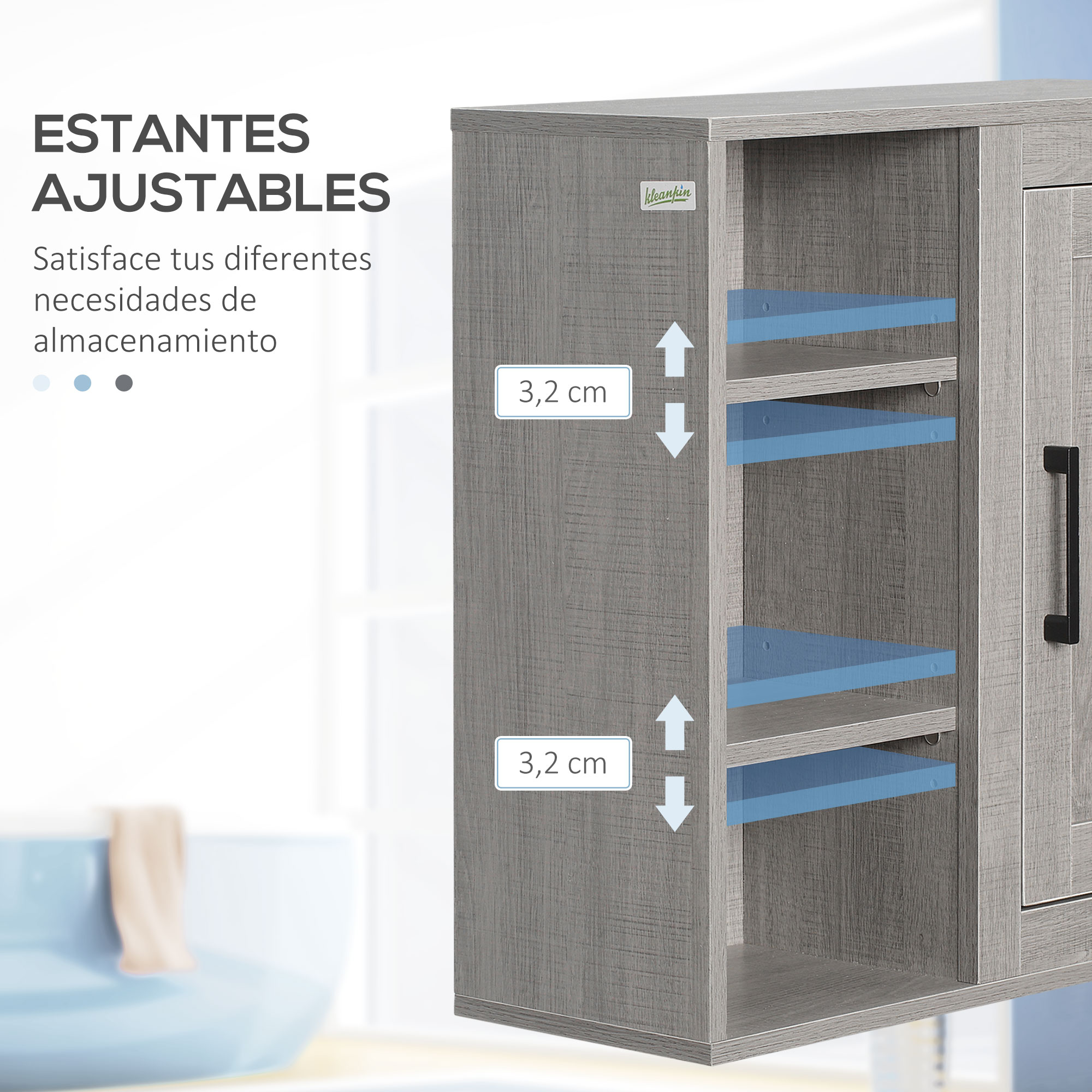 Unidad de estantería gris con estantes ajustables y etiqueta de '3,2 cm'.