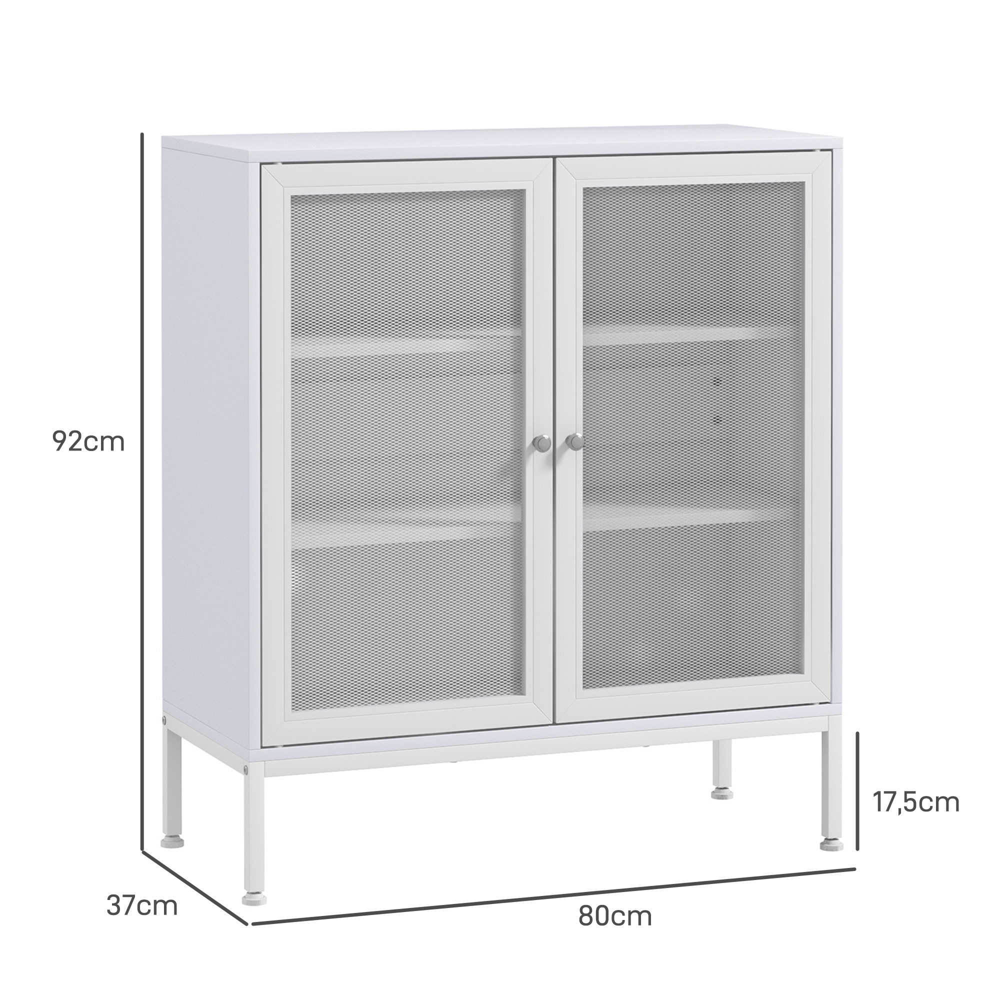 Un armario blanco con dos puertas de cristal con malla y patas finas. Se muestran dimensiones.