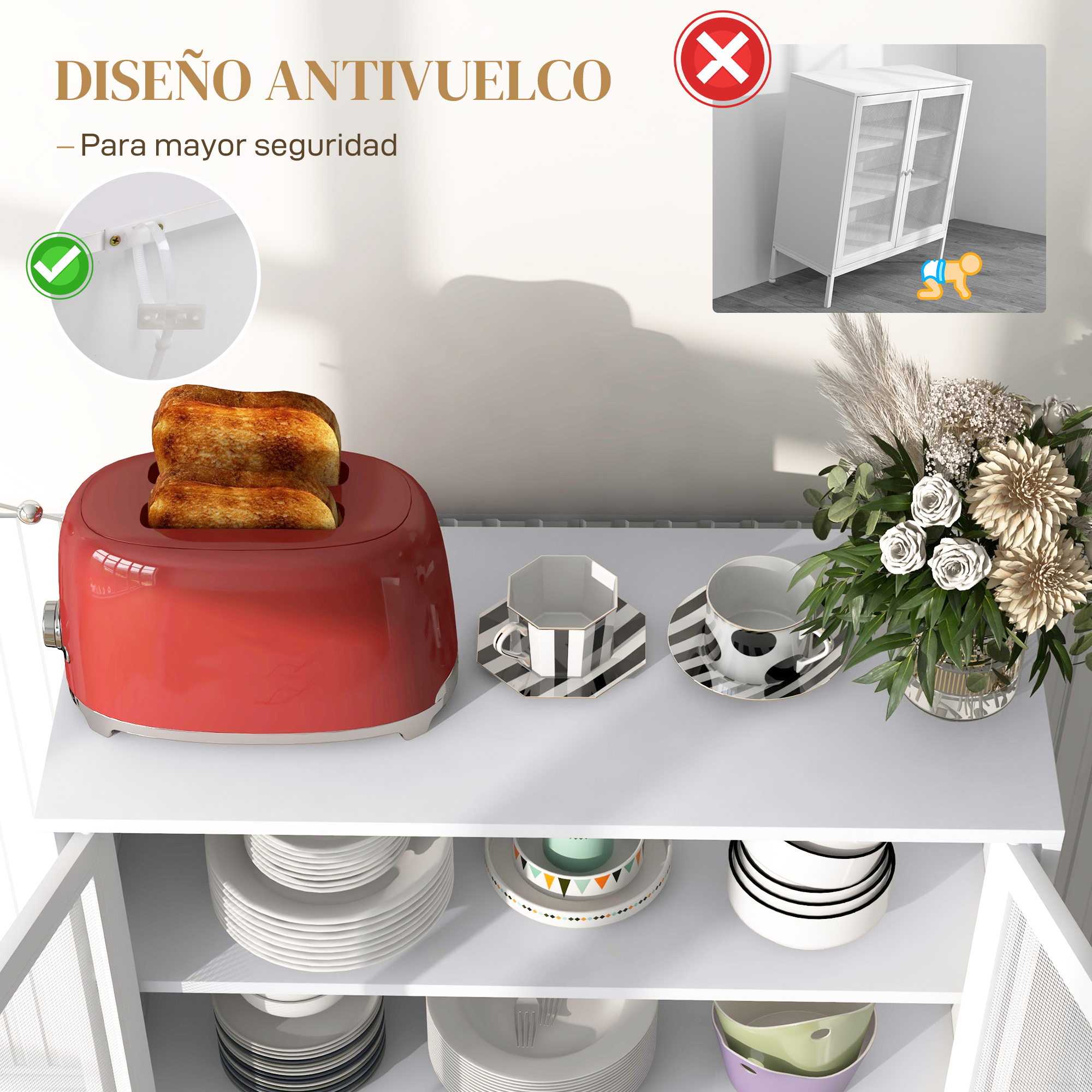 Una tostadora roja con tostadas, tazas, flores y platos en un armario.