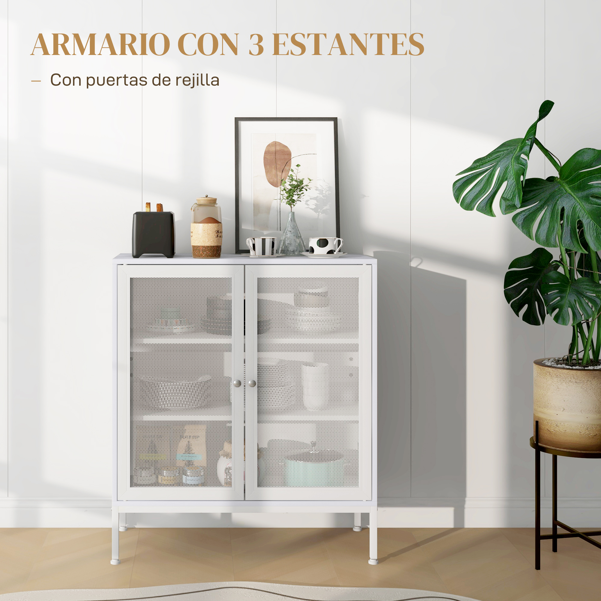 Un armario blanco de tres estantes con puertas de malla, decorado con plantas y jarrones.