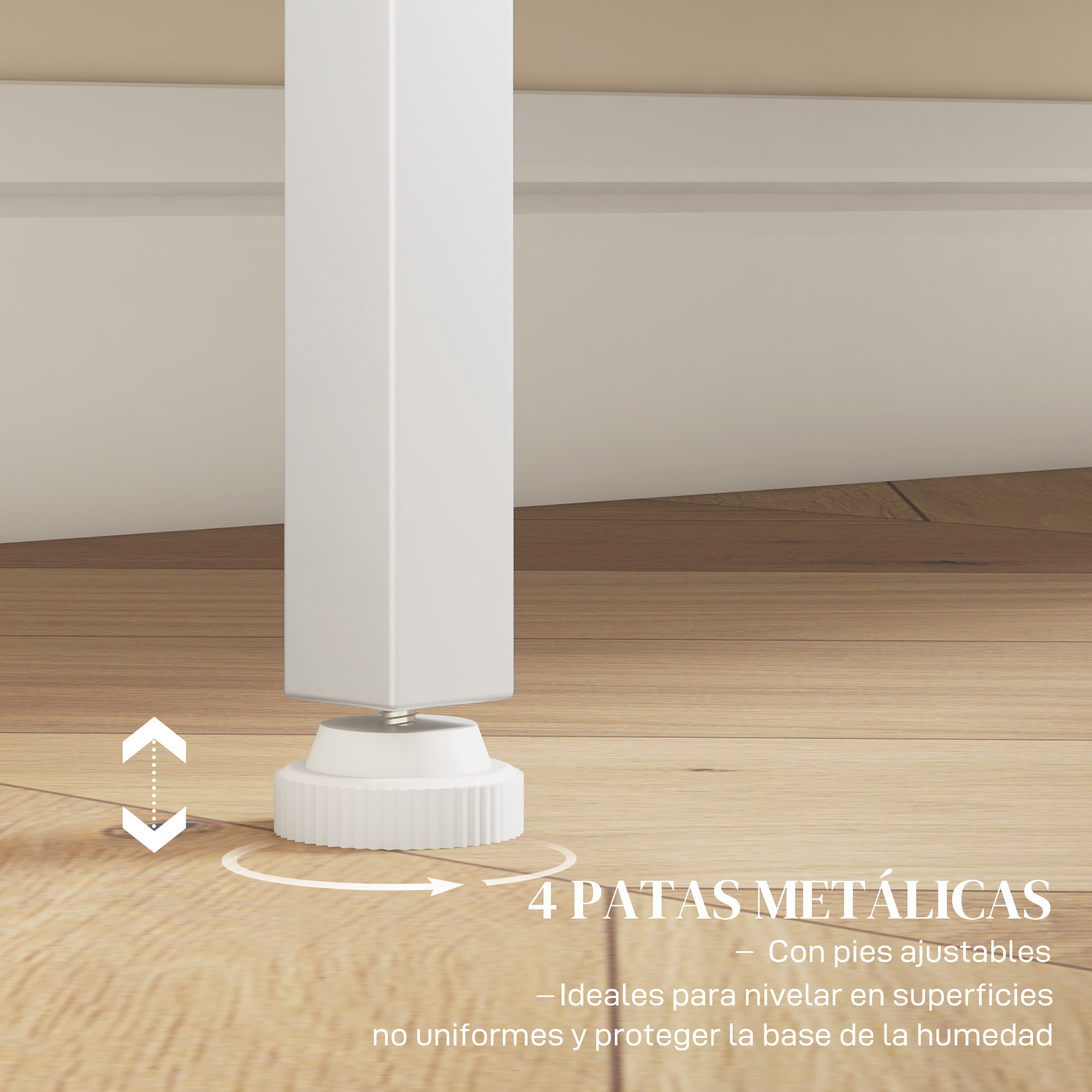 Patas metálicas blancas con pies ajustables en suelo de madera.