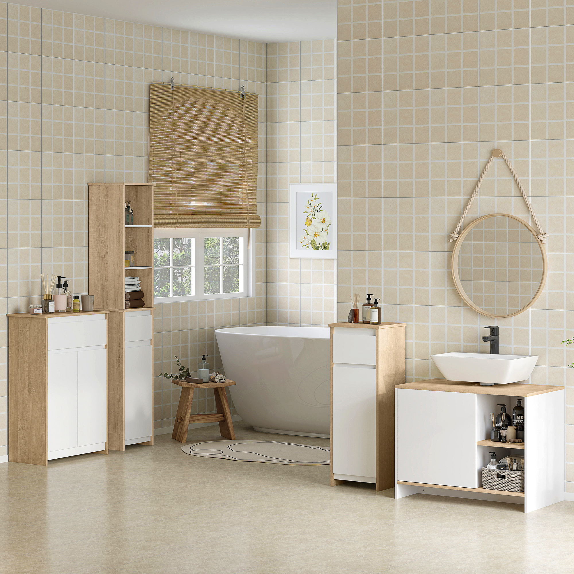 Baño moderno con bañera exenta, lavabo, armarios y espejo.