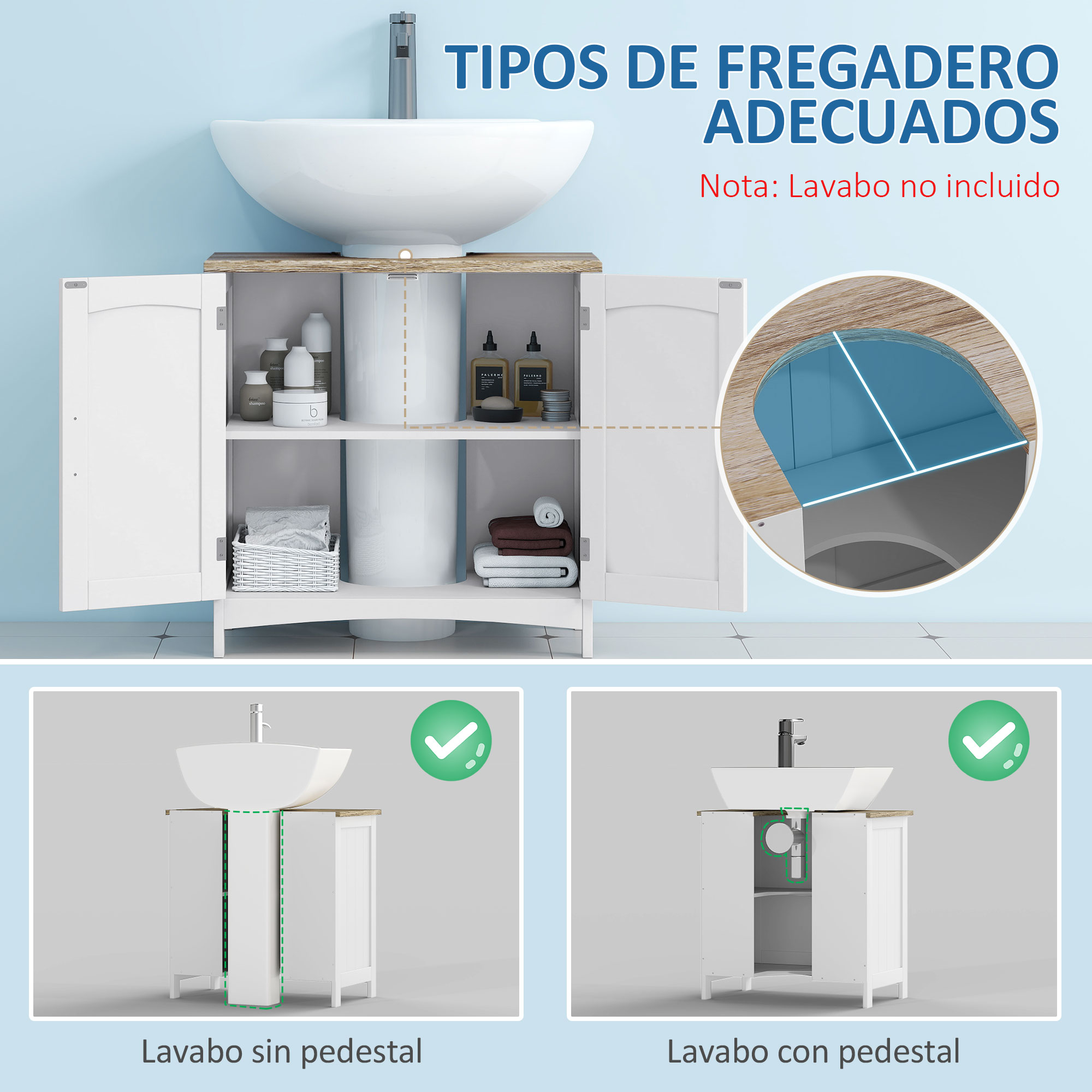 Mueble de baño con lavabo y almacenamiento. Dos vistas: sin y con pedestal.
