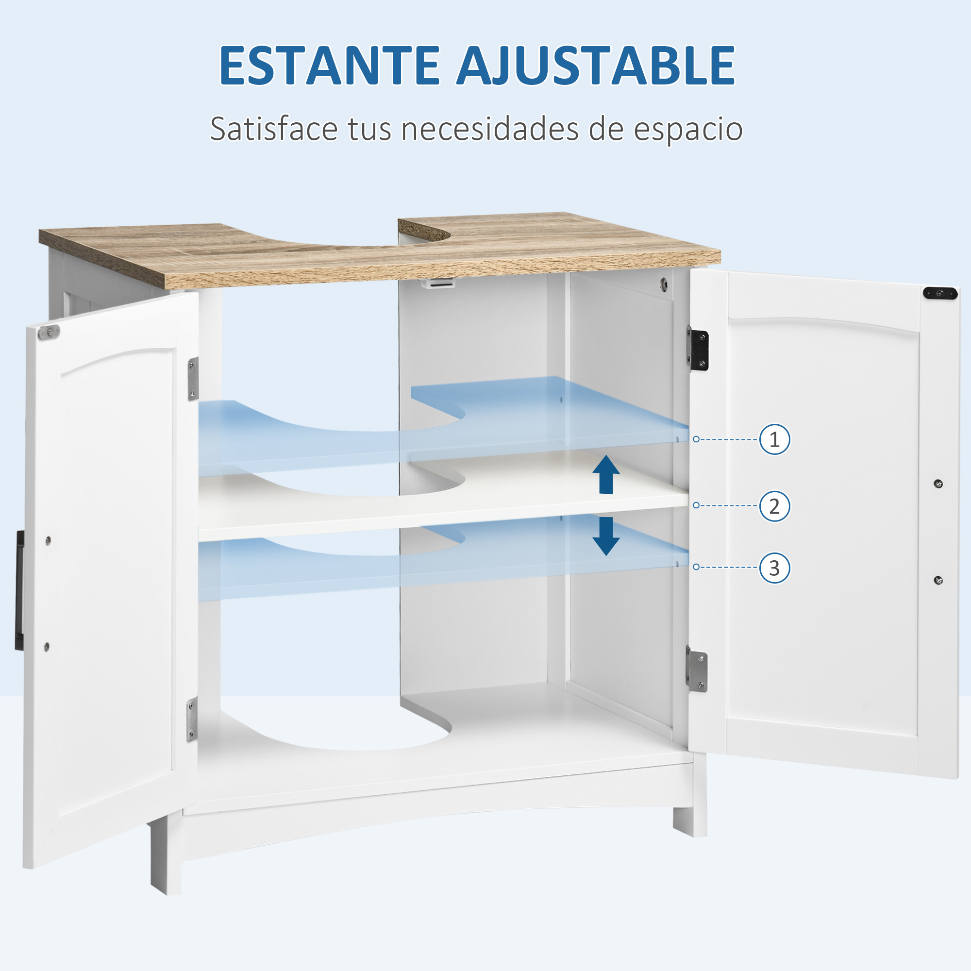 Armario blanco con tapa de madera, puertas abiertas, estantes ajustables.