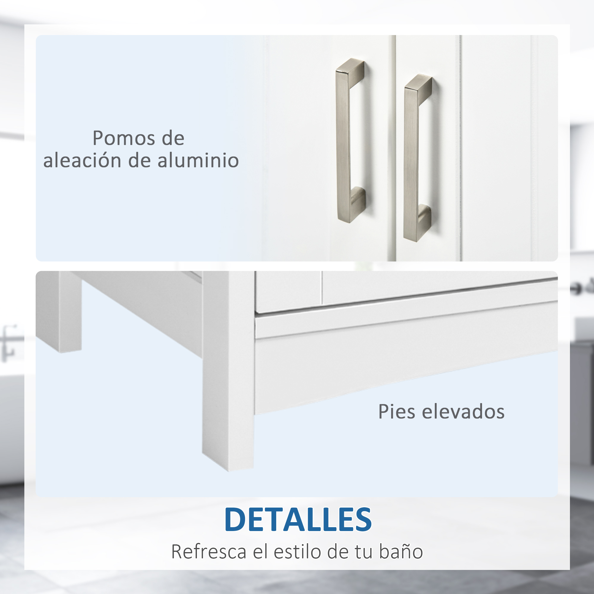 Muebles de baño blancos con tiradores plateados y patas elevadas.