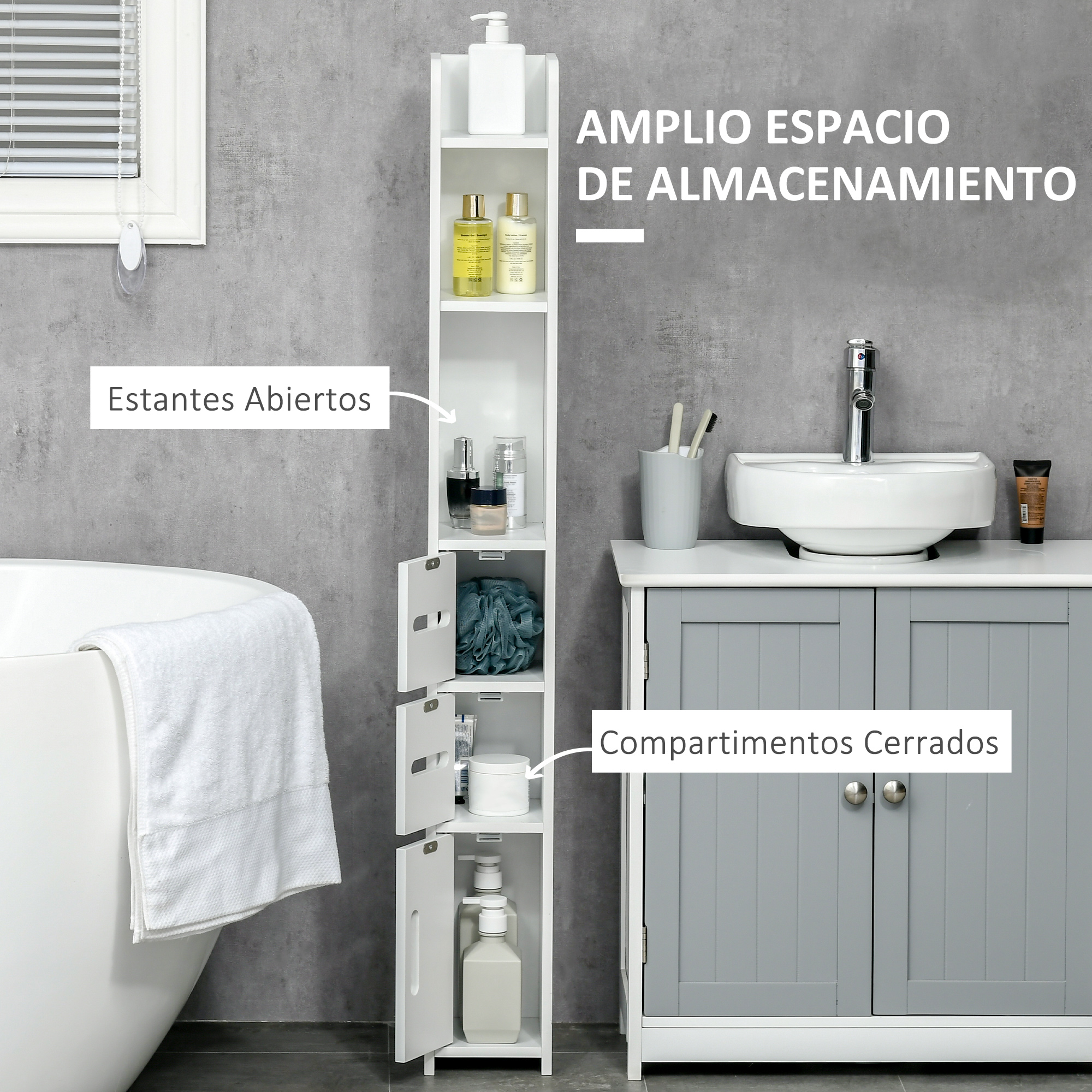 Un esbelto mueble blanco con compartimentos abiertos y cerrados, con artículos de baño.