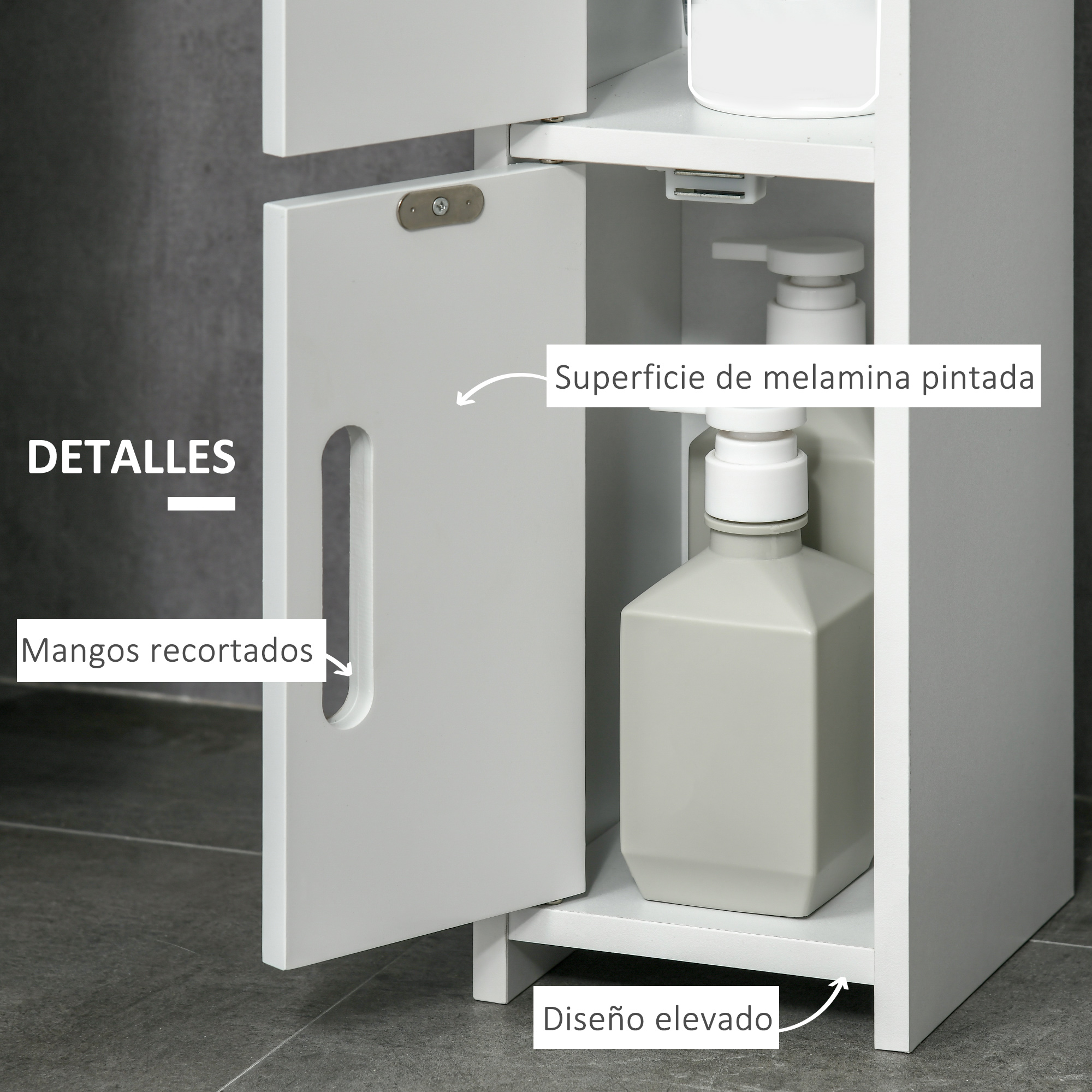 Un mueble de baño blanco con puerta abierta, dispensador y tirador recortado.