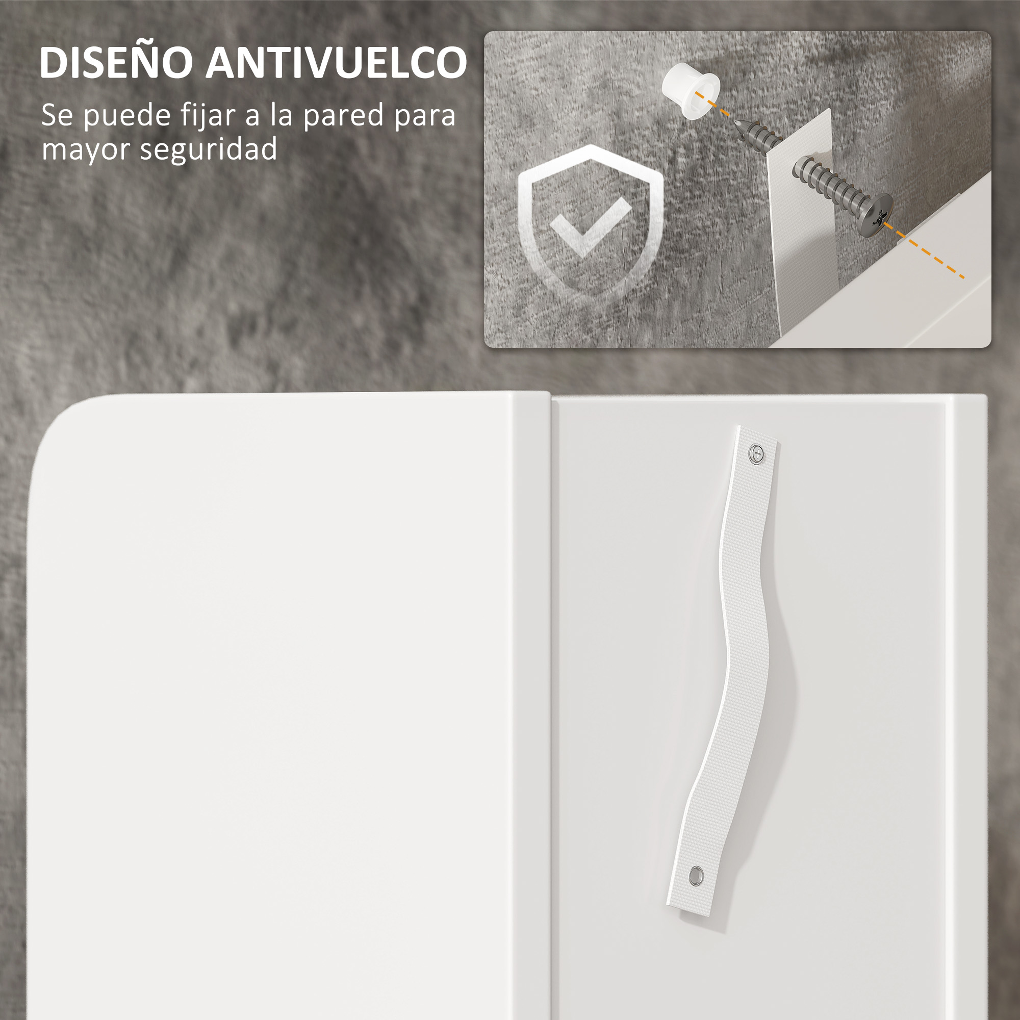 Primer plano: correa de seguridad en mueble blanco, montaje pared.