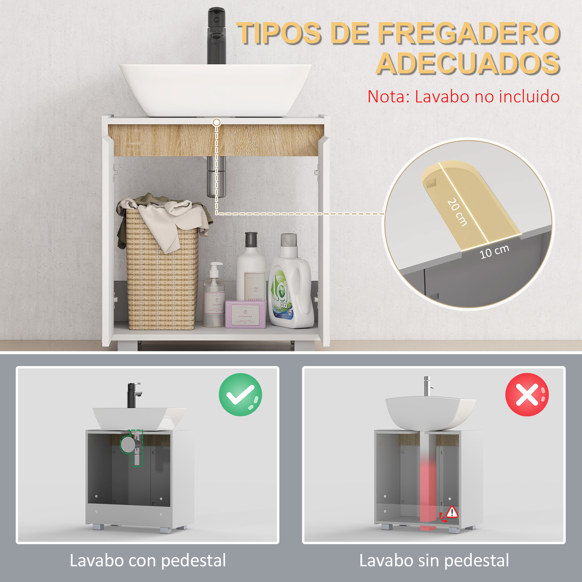 Mueble de baño con lavabo y grifo. Cesta y botellas a su lado.