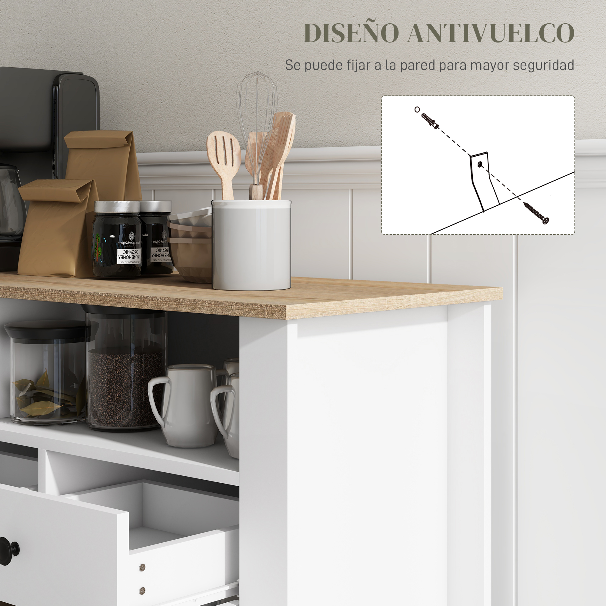 Mueble de cocina con cajones abiertos, frascos y utensilios. Incluye guía antivuelco.