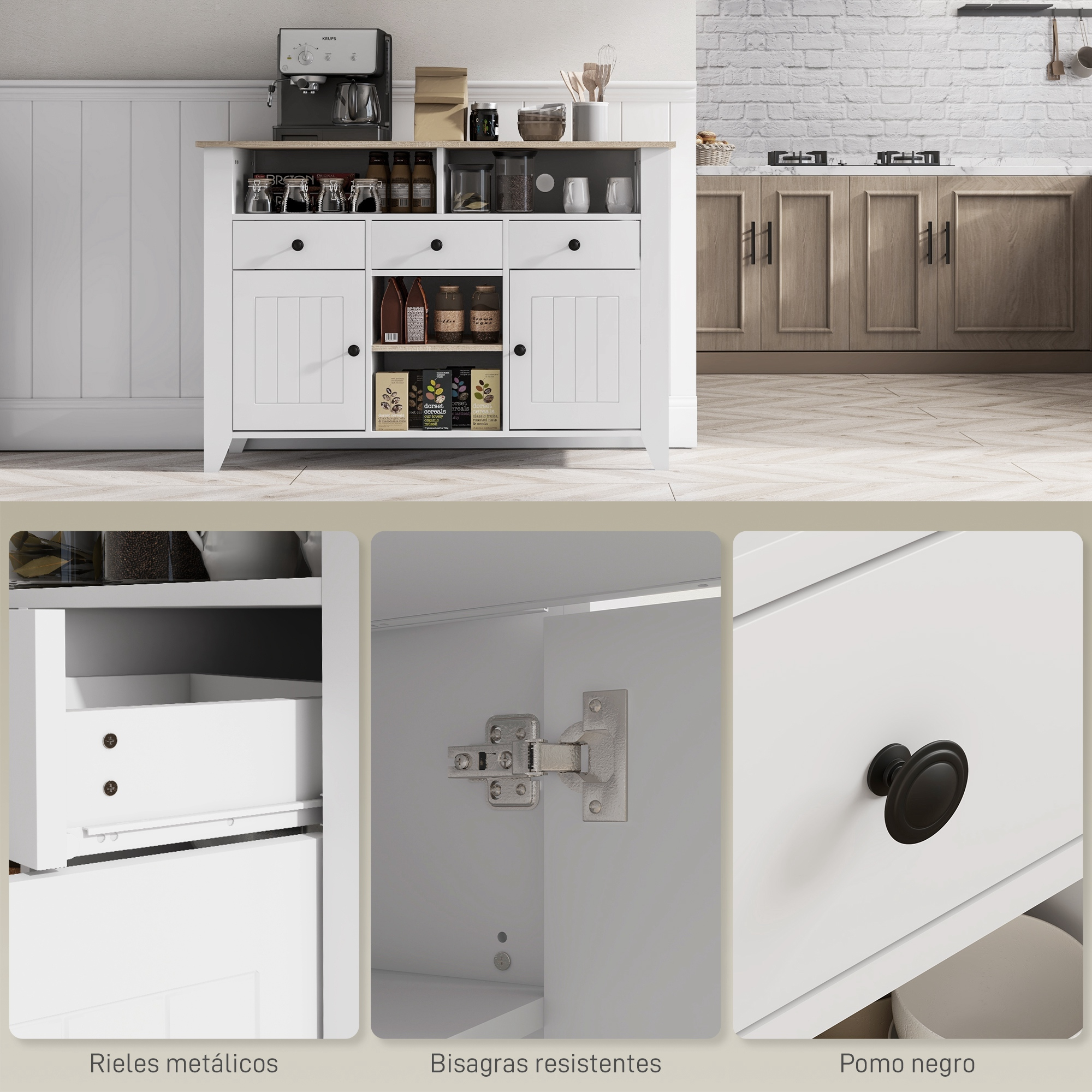 Un mueble de cocina blanco con tapa de madera, cafetera, vasos y alimentos.
