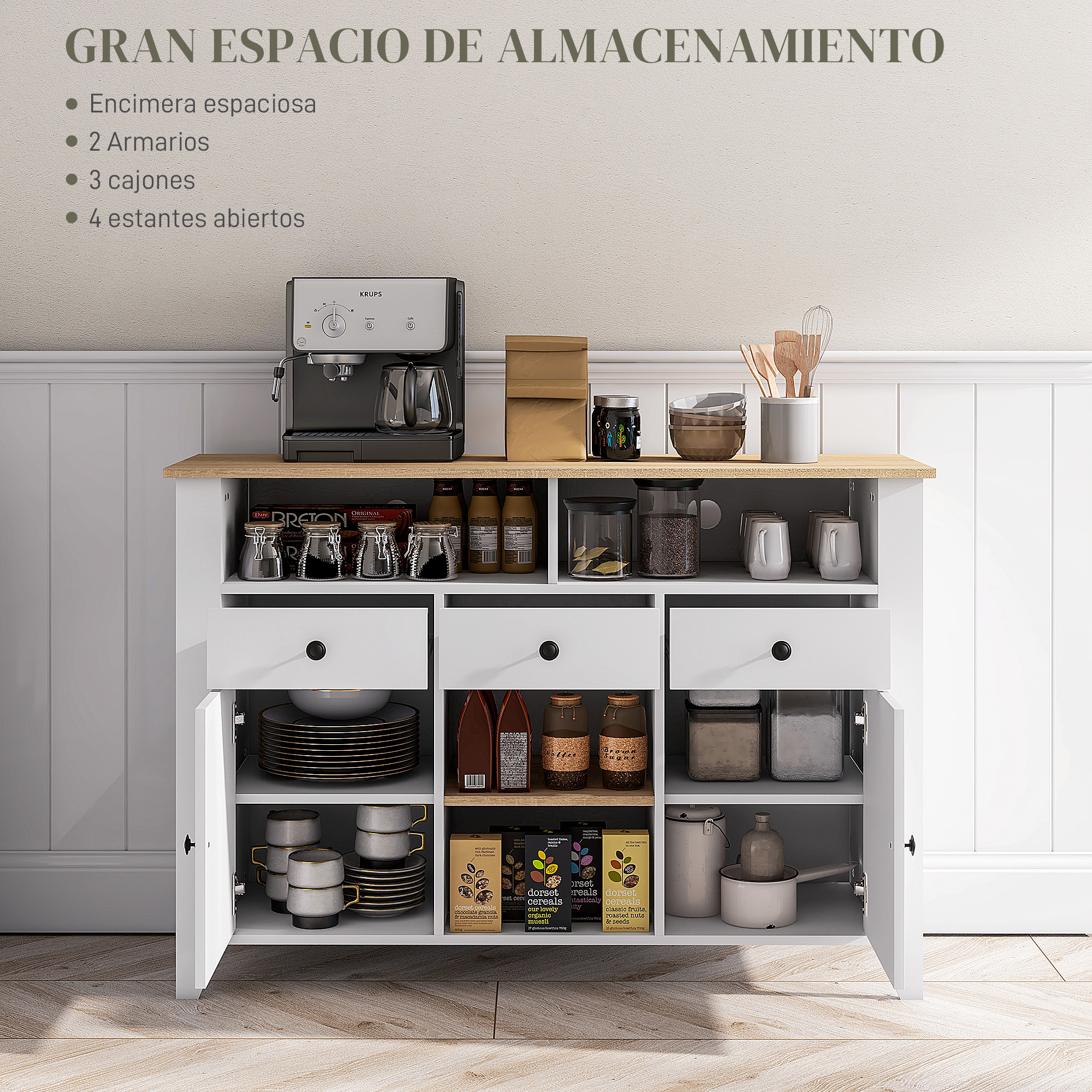 Un armario blanco con cafetera, frascos, tazas y alimentos.