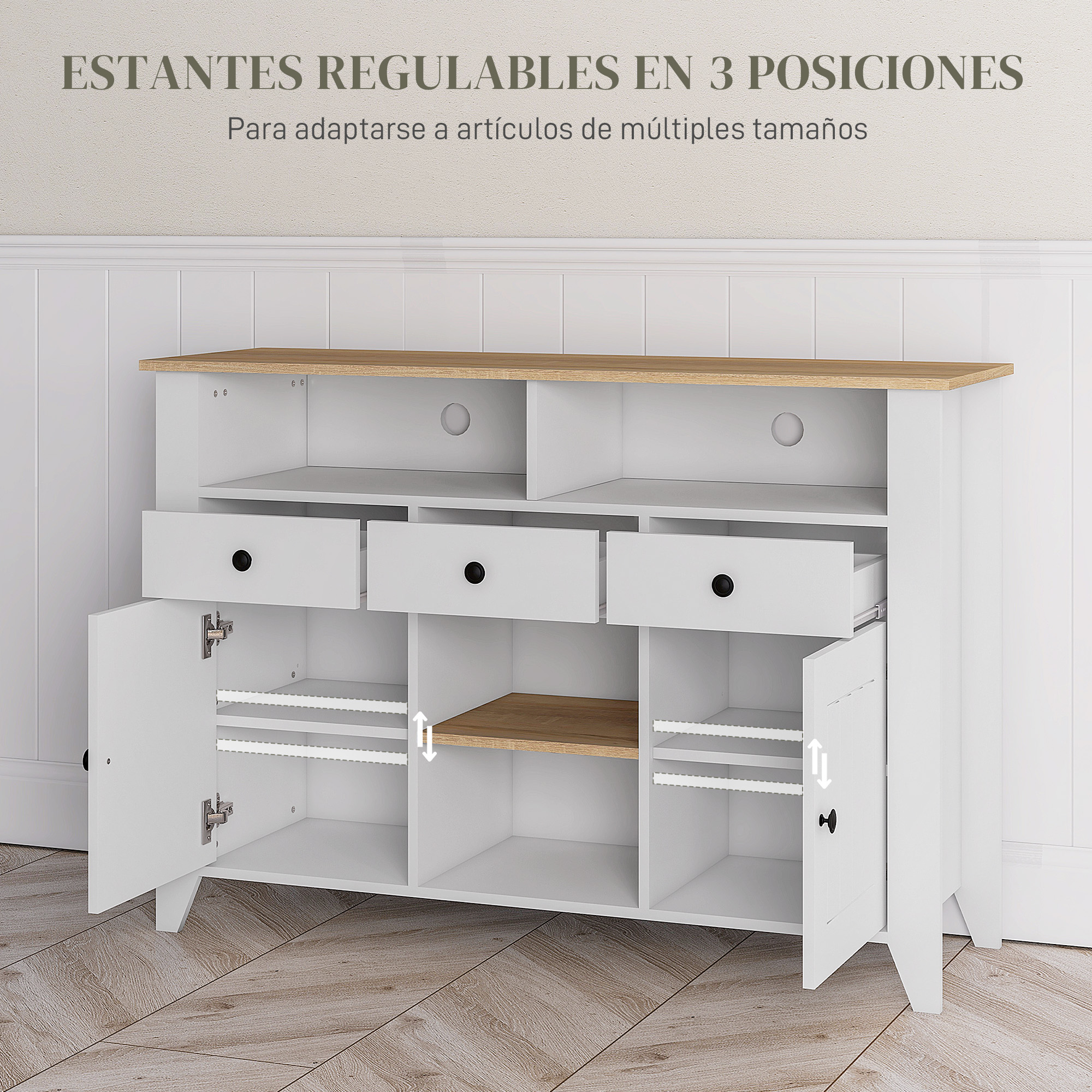 Mueble blanco con tapa de madera, cajones y estantes abiertos.