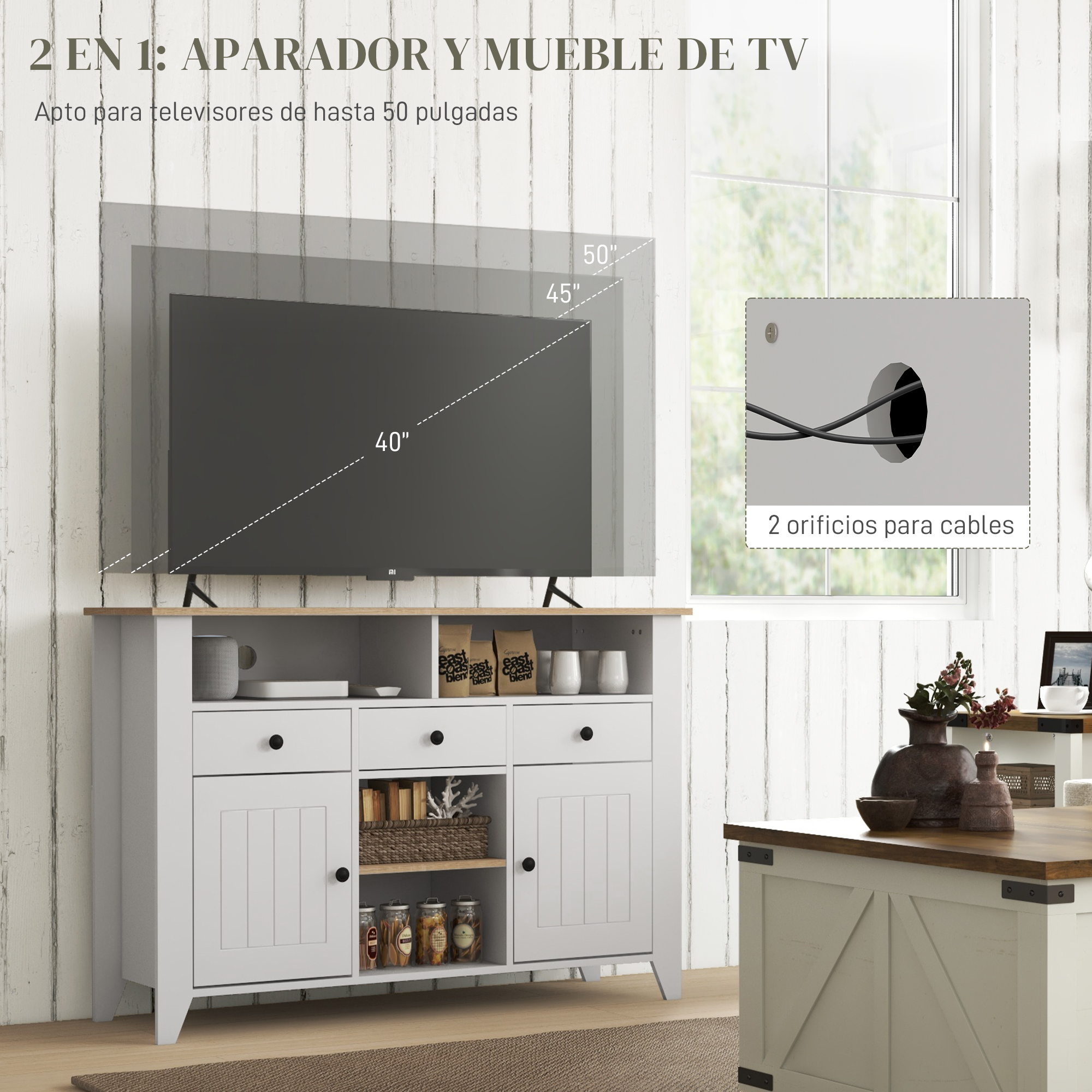 Mueble de TV blanco moderno con tapa de madera, 2 puertas, 2 cajones y estantes.