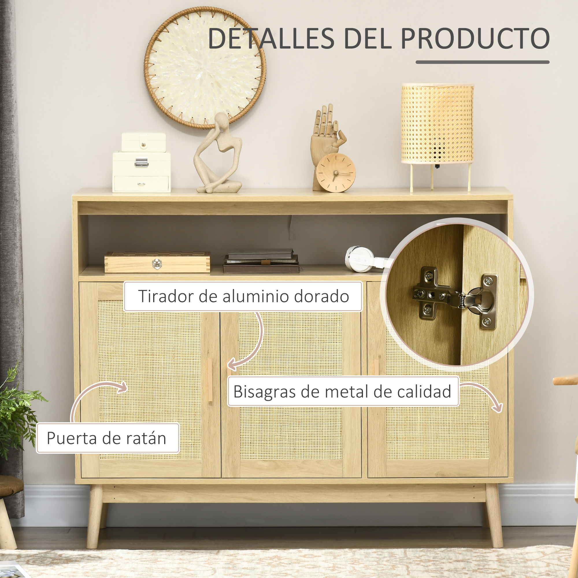 Armario de madera con puertas de ratán, tiradores de aluminio y bisagras.