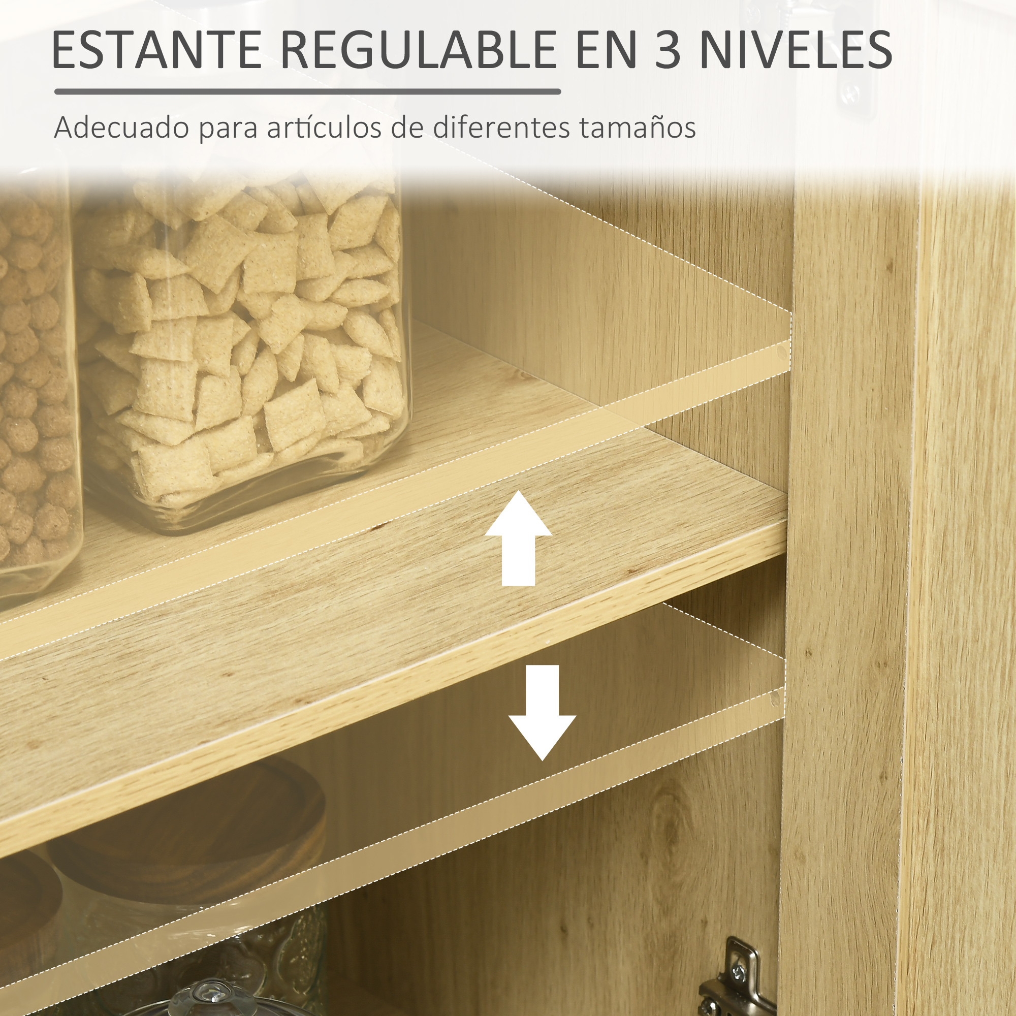 Estante regulable de 3 niveles. Dos recipientes de vidrio con alimentos sobre el estante.