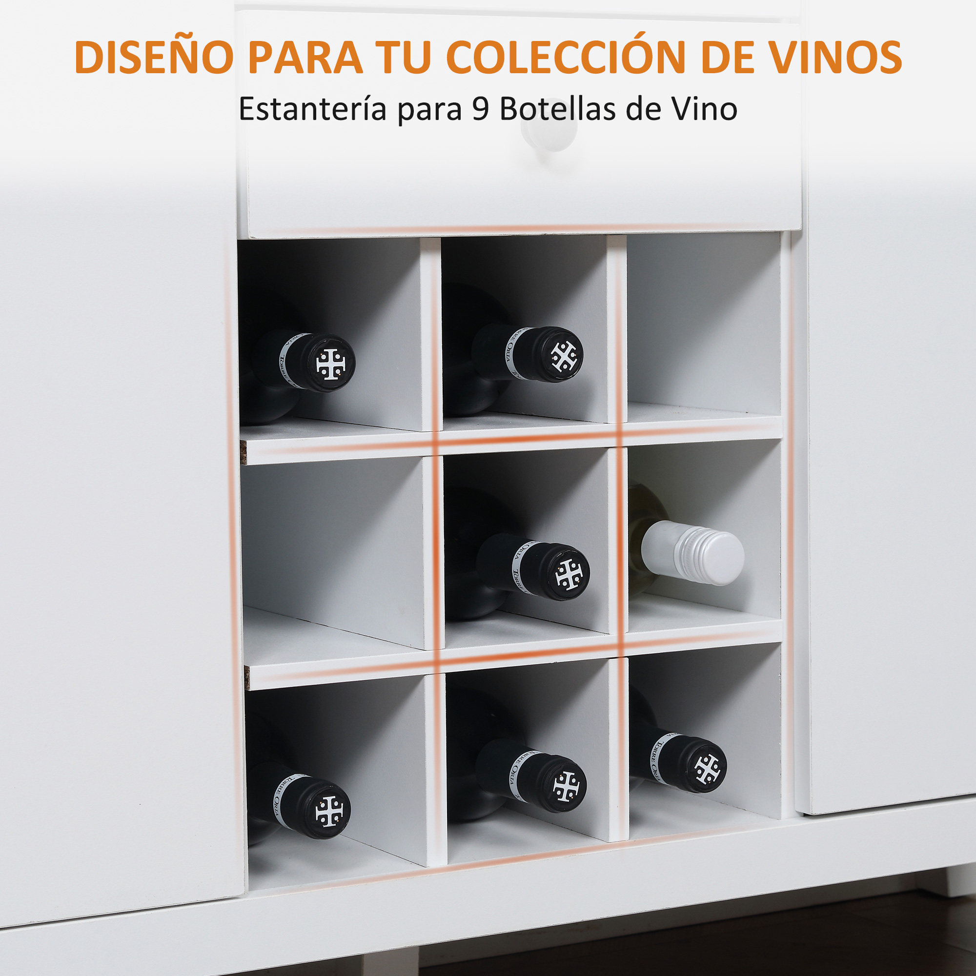 Botellero blanco con 9 compartimentos, algunos con botellas de vino negras.