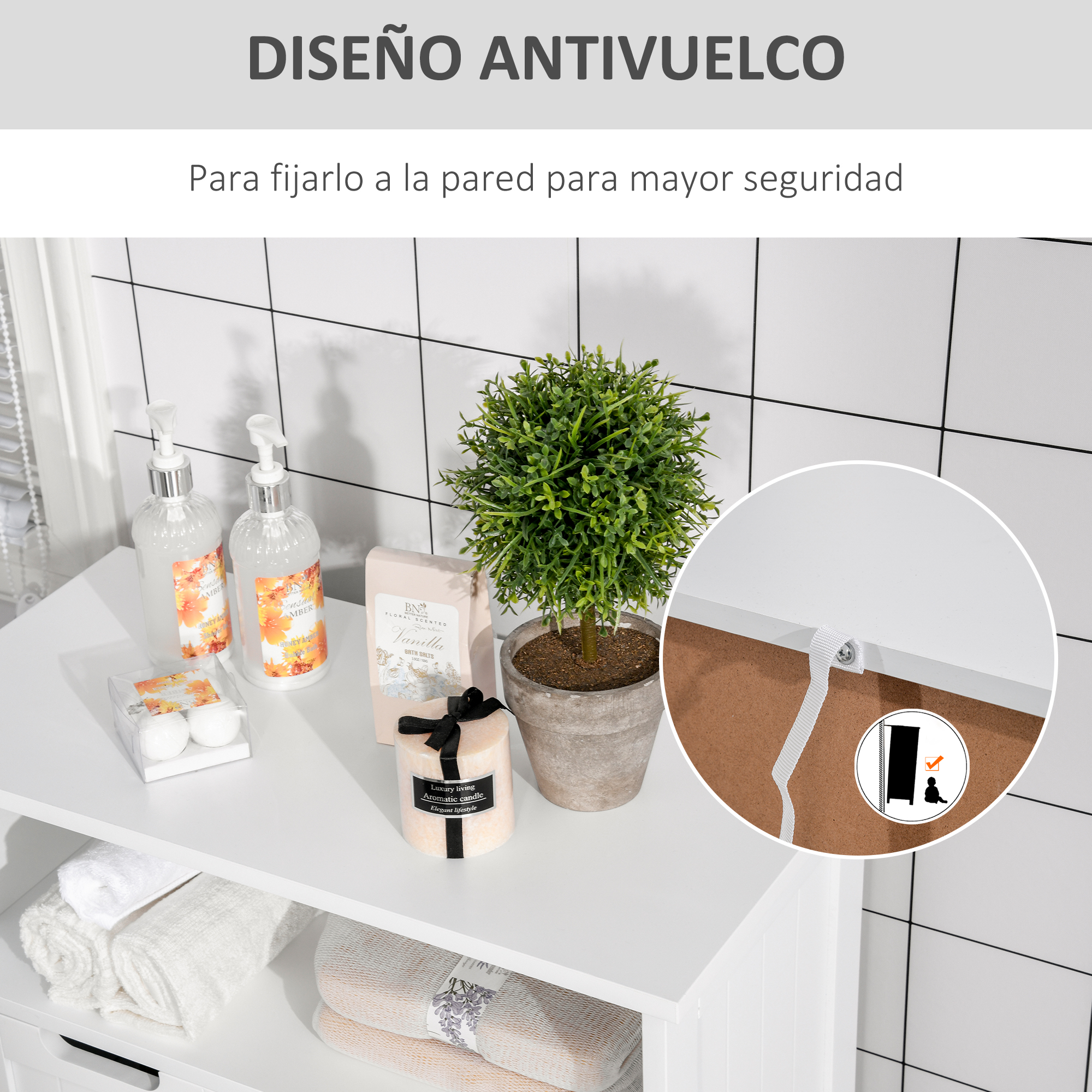 Un mueble blanco con jabones, velas, plantas y toallas.