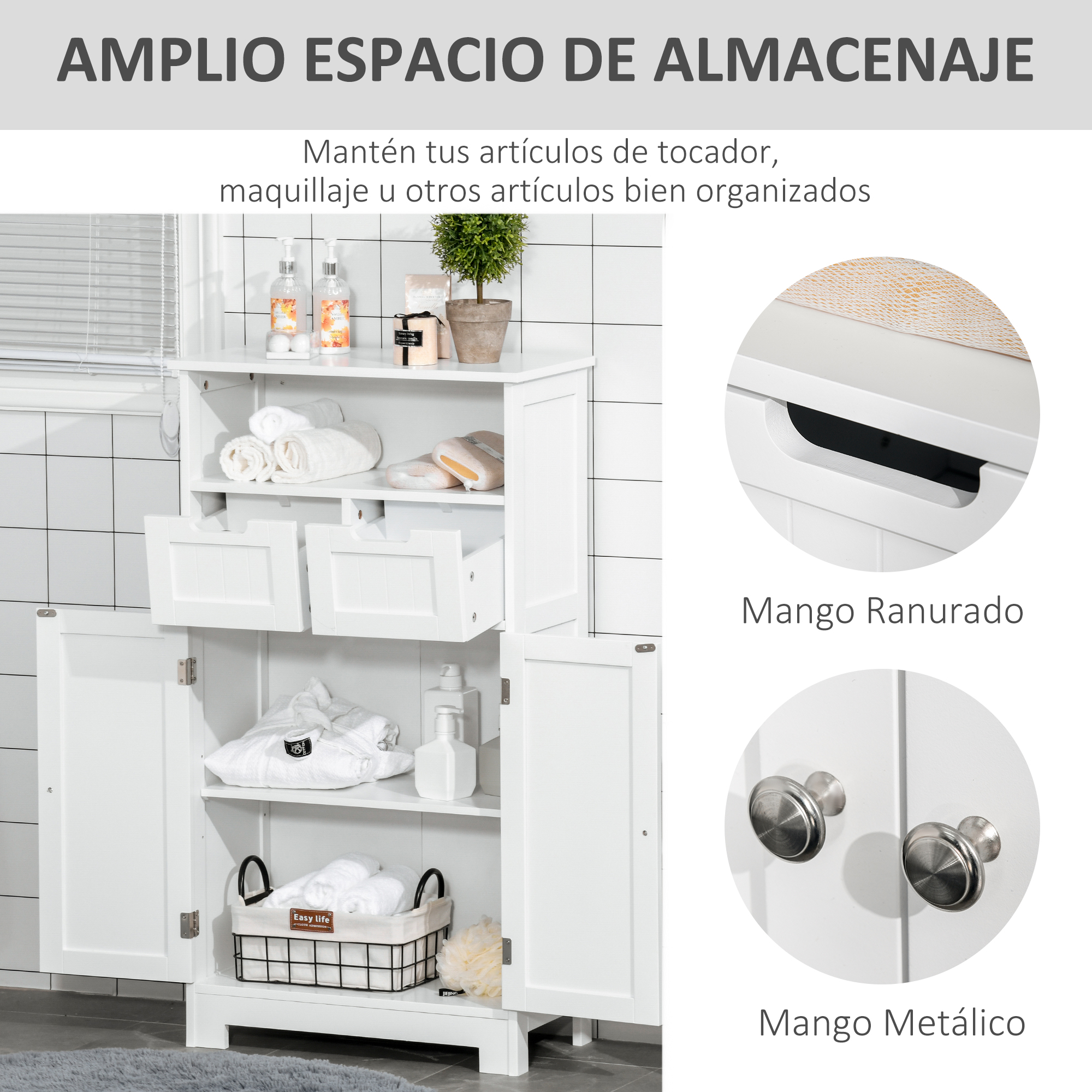 Un armario blanco de baño con puertas abiertas, lleno de toallas y artículos.
