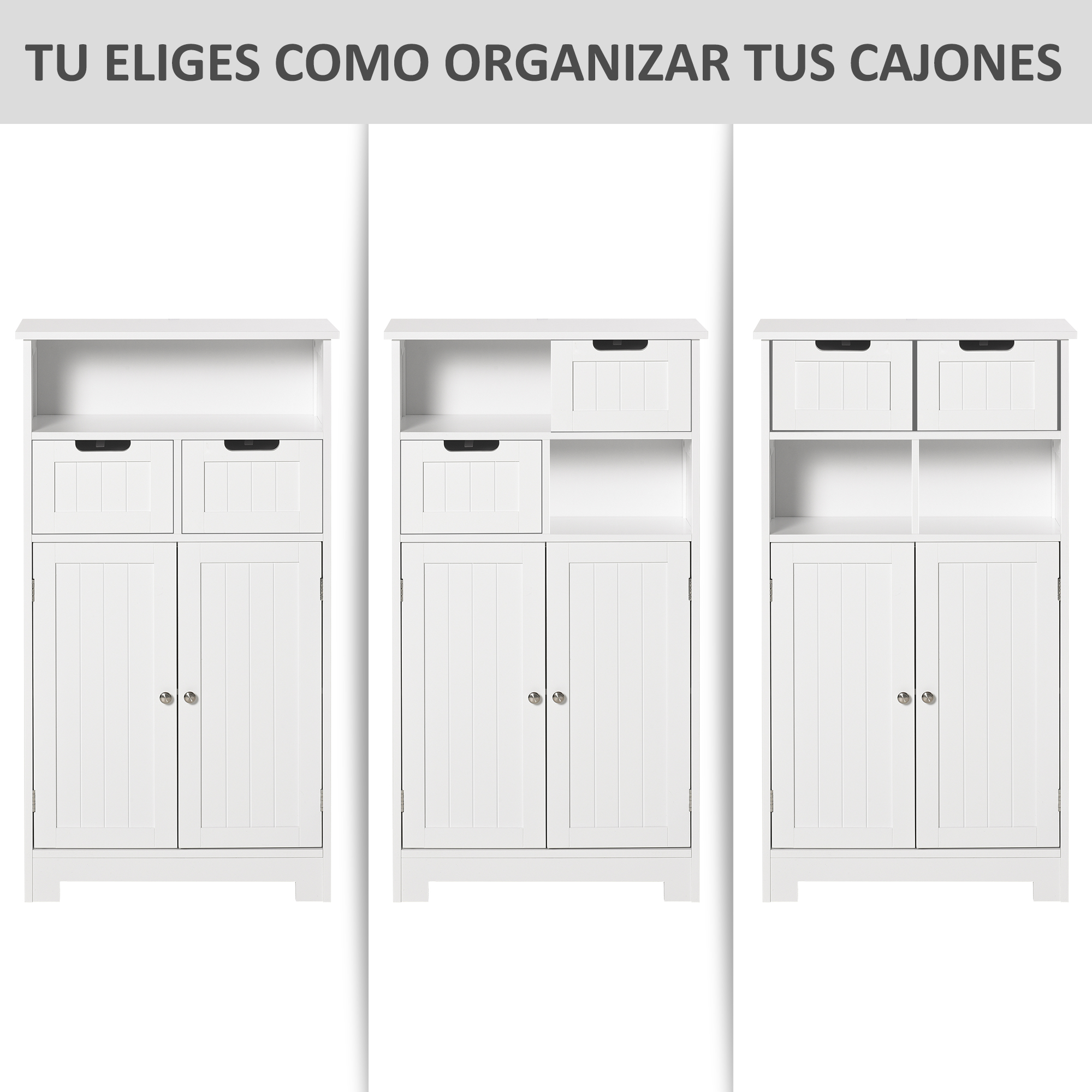 Tres armarios blancos de madera con puertas y cajones uno al lado del otro.