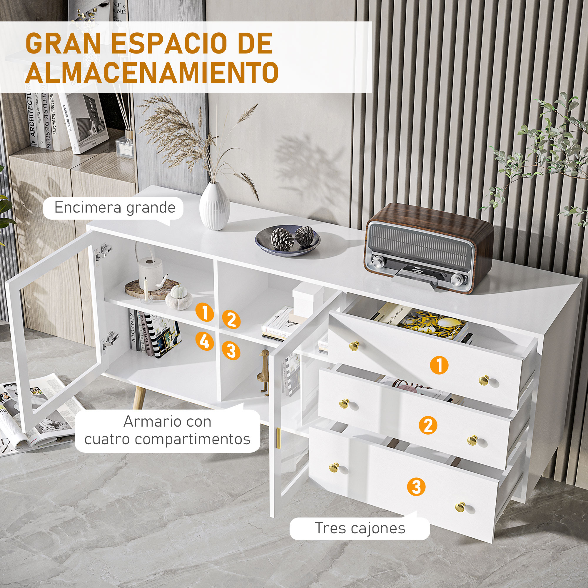 Un aparador blanco con estantes, cajones y decoración de radio de madera.