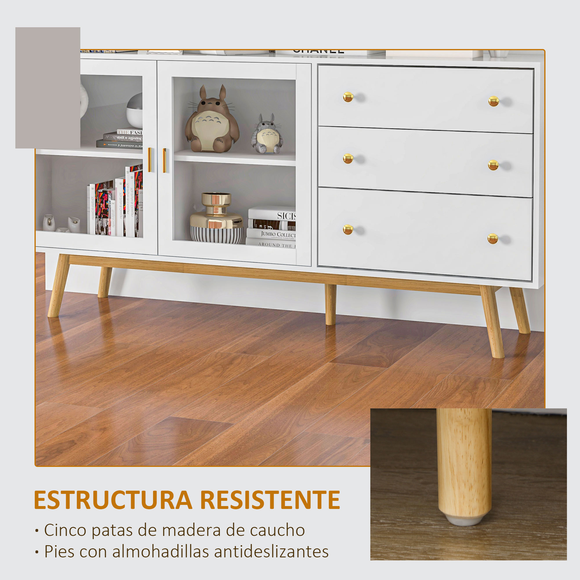 Un aparador blanco con detalles de madera, cajones y puertas de cristal.