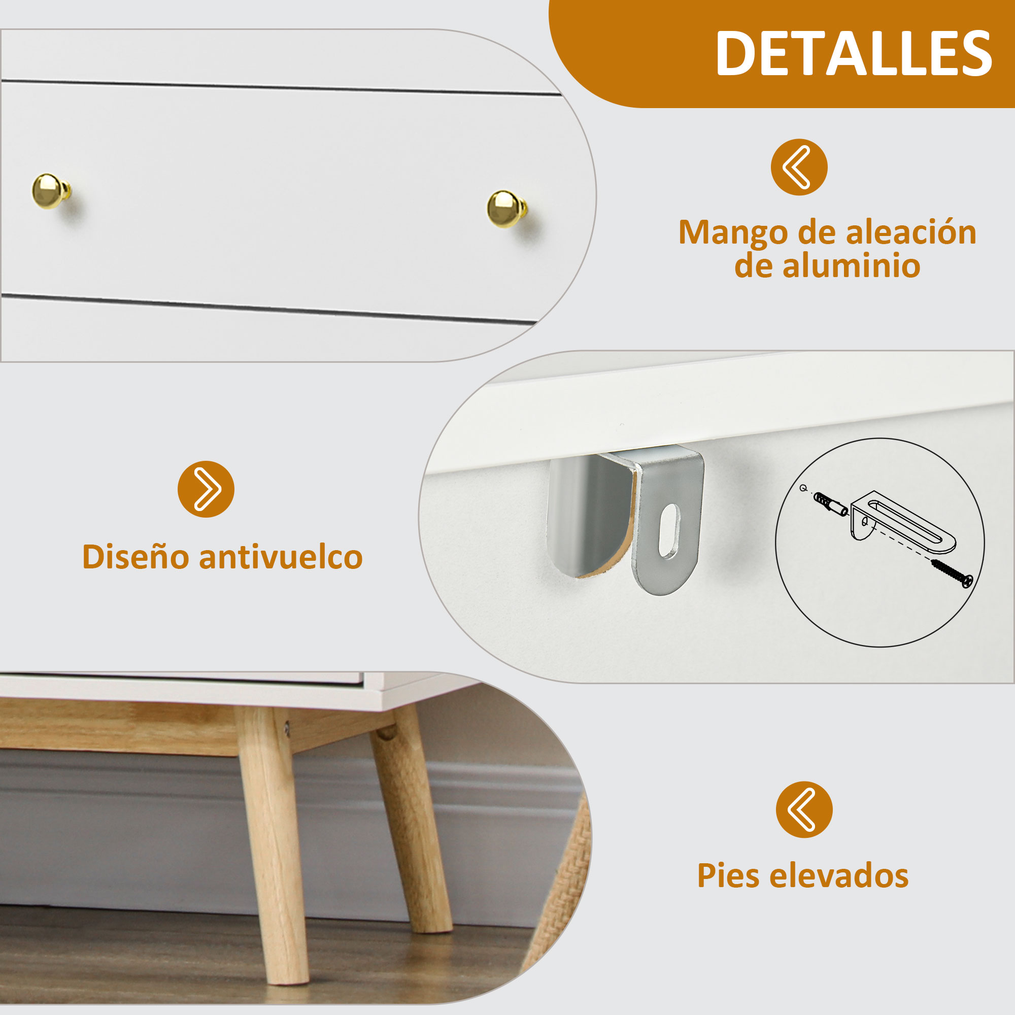Detalles: Mango de aluminio, diseño antivuelco, pies elevados. Cajones blancos con tiradores dorados.