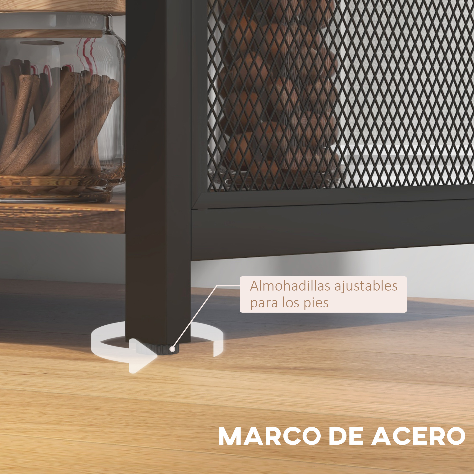 Mueble de marco de acero con pies ajustables y tarro de vidrio con canela.