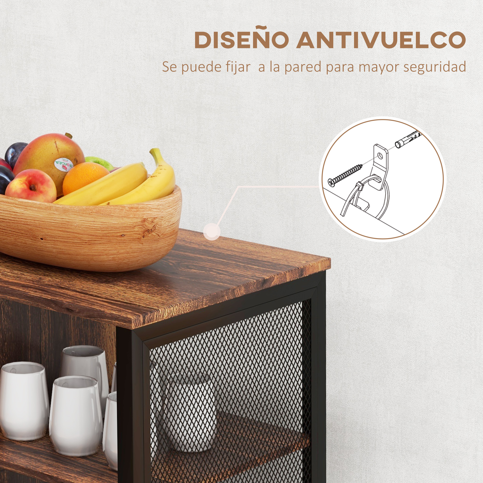 Un cuenco de madera con fruta sobre un estante rústico de madera con puertas de malla metálica. Herrajes antivuelco.